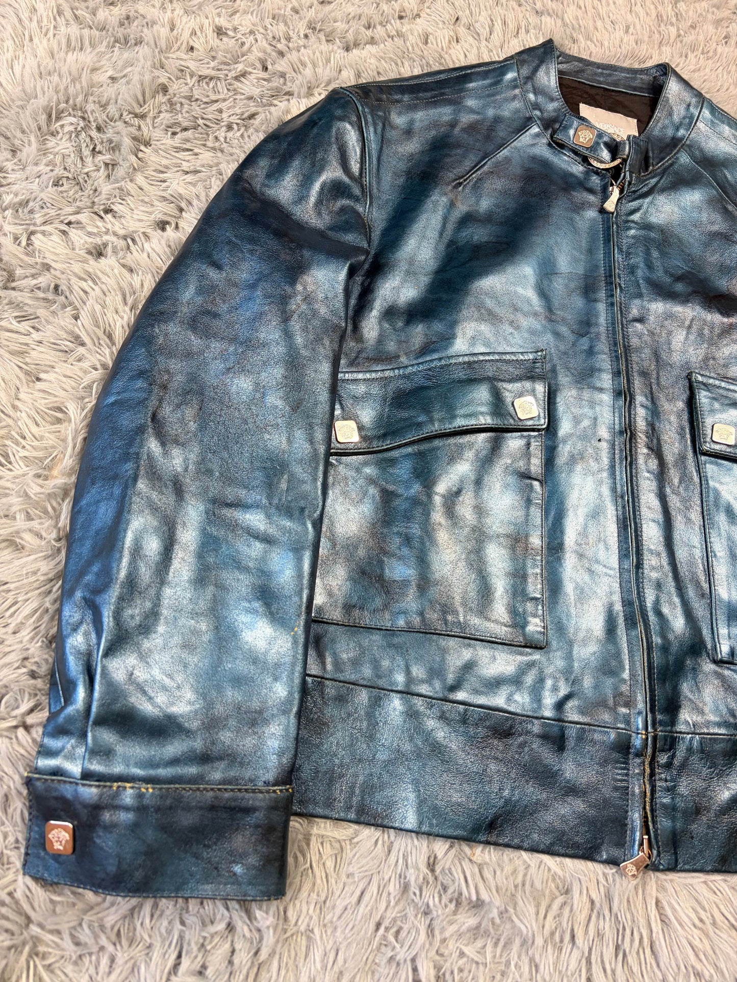 Versace VJC 00’s Blue Leather Metallic Rockstar Jacket - L
