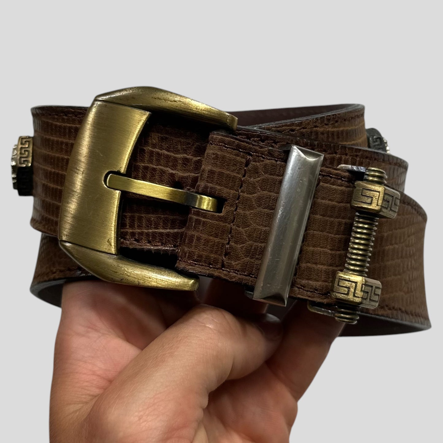 Gianni Versace 1994 Lizard Leather Medusa Bolt Stud Belt