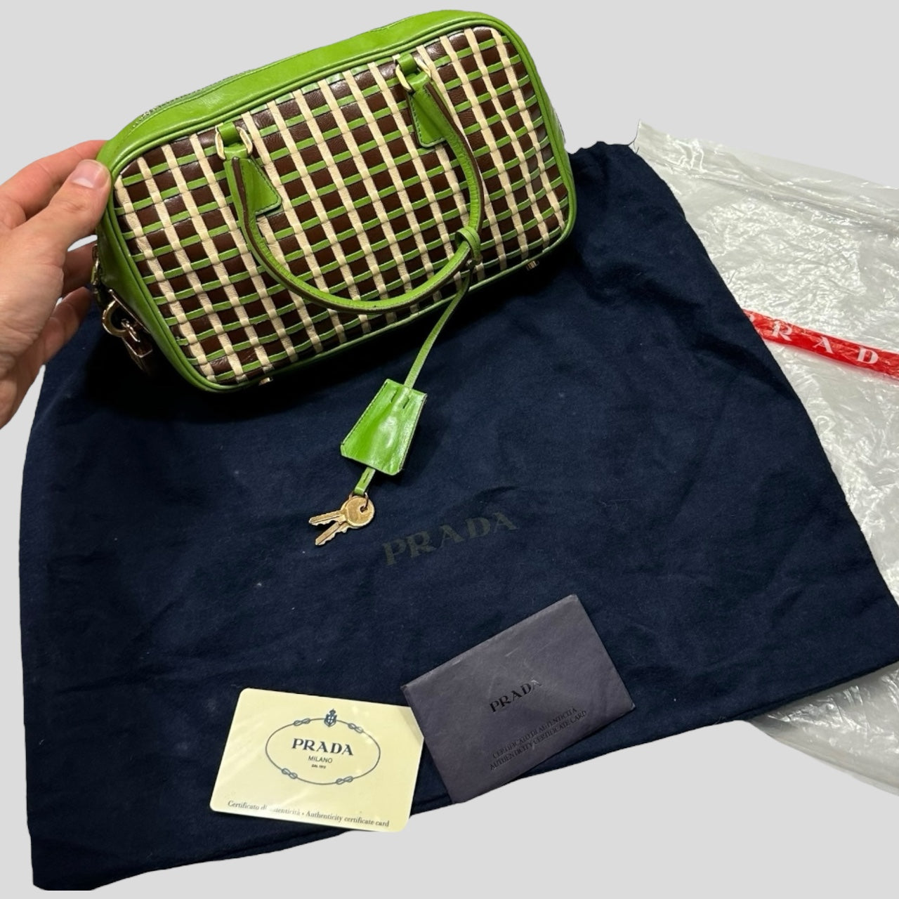 Prada 2001 Mini Top Handle Leather Woven Bag + Cards & Dustbag