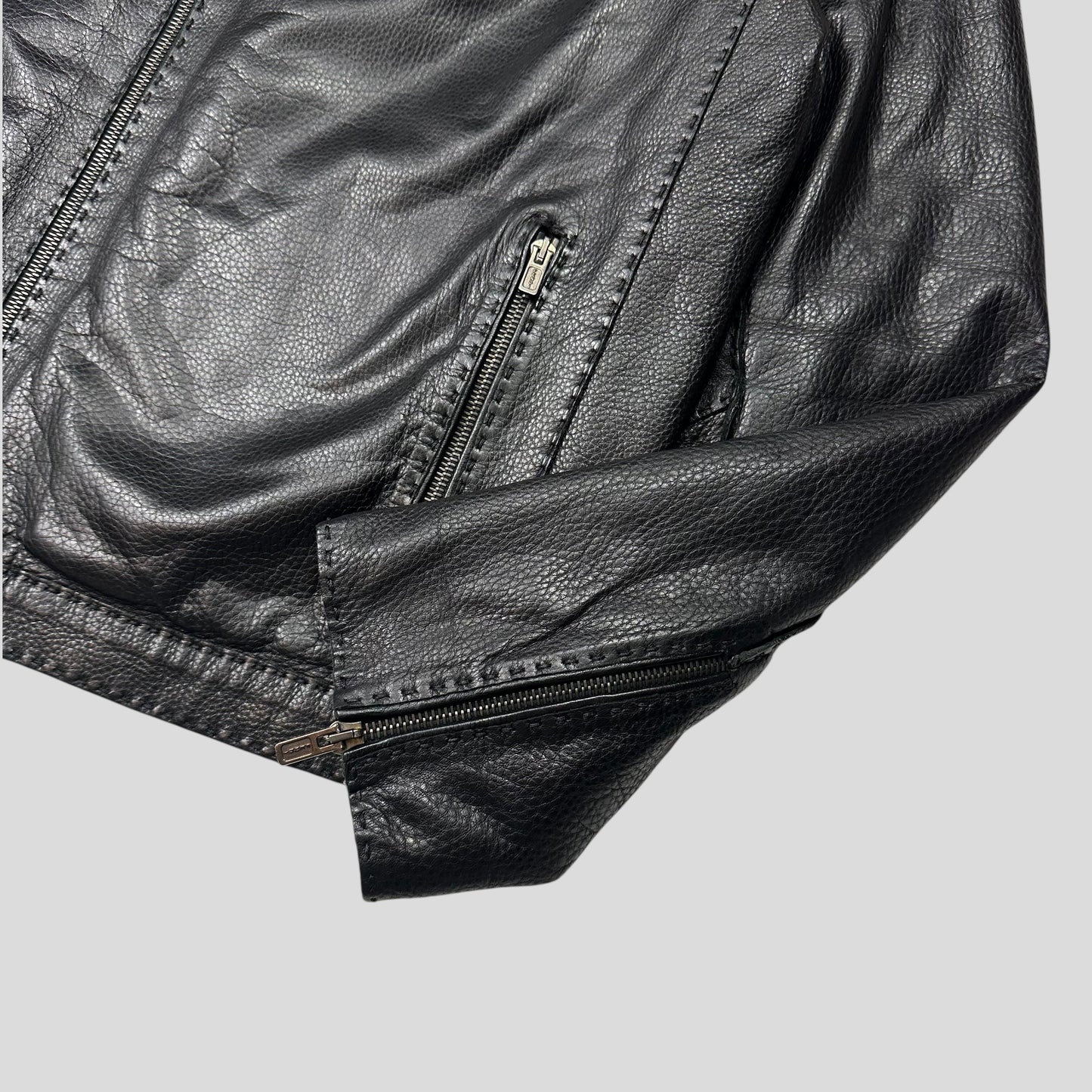 Fendi FF Textured Leather Exaggerated Stitch Moto Jacket - L