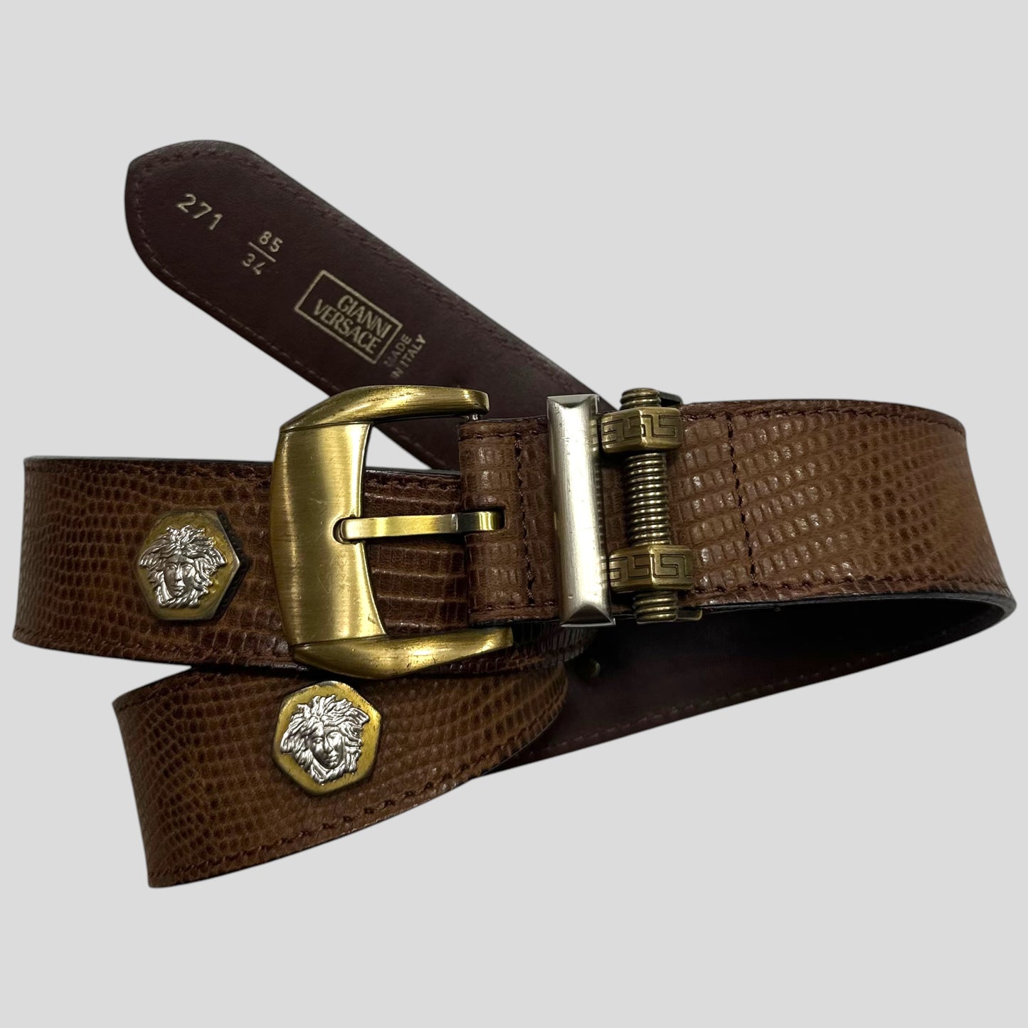 Gianni Versace 1994 Lizard Leather Medusa Bolt Stud Belt