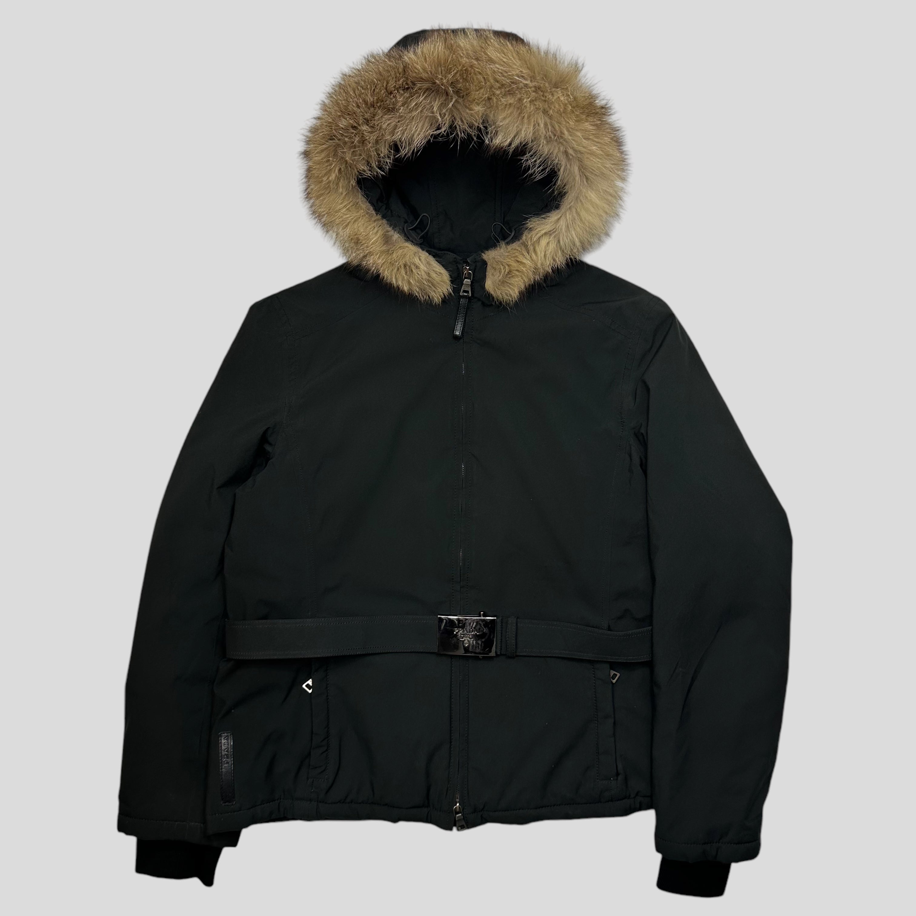 Prada coat with fur hood best sale