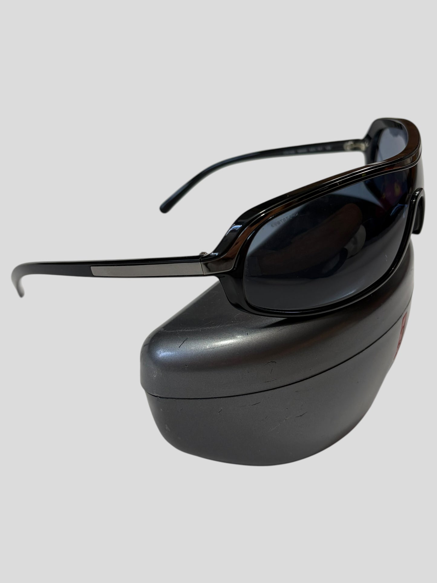 Prada Sport 00’s Red Logo Blue Lens Shield Sunglasses