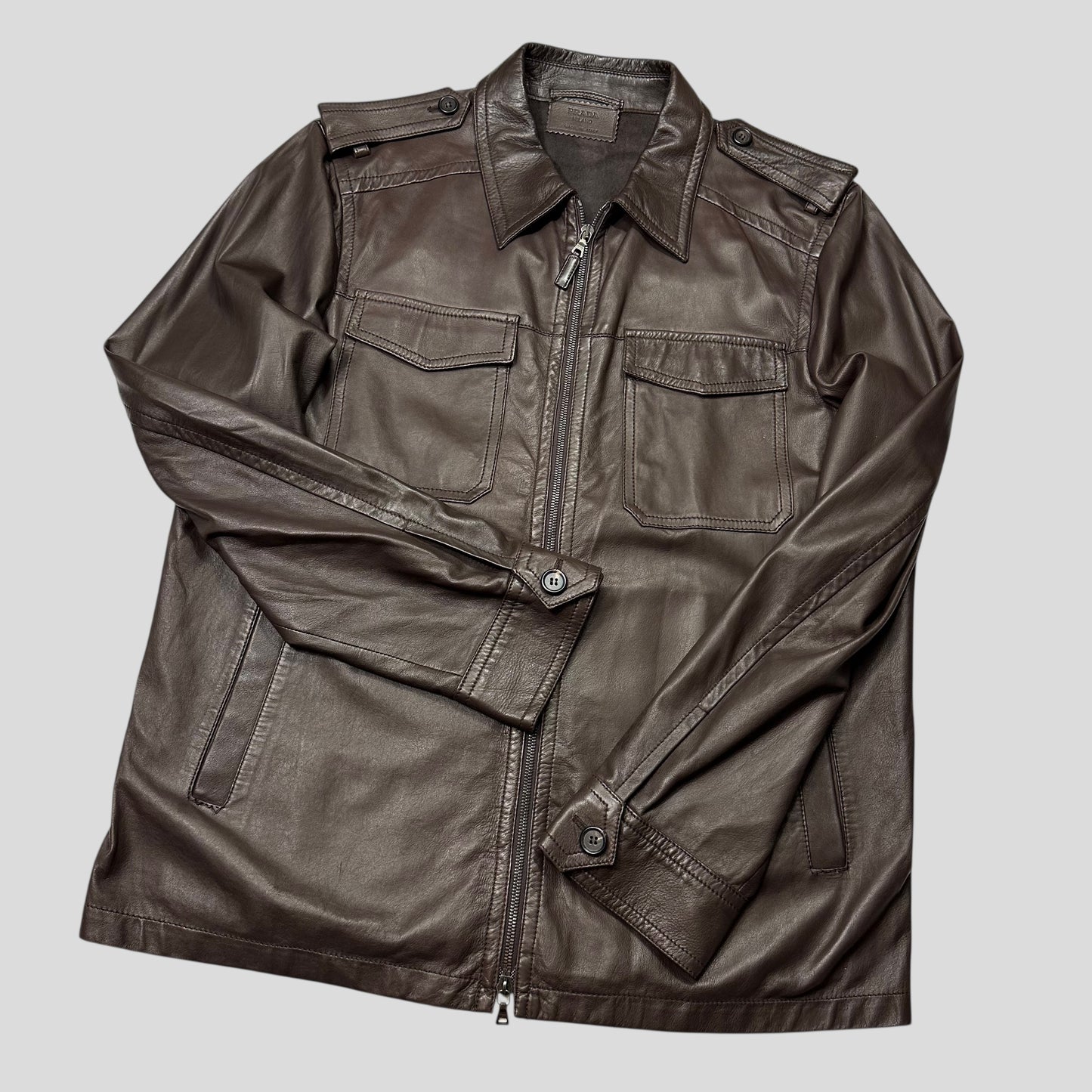 Prada Milano 00’s Nappa Leather Brown Military Field Jacket - IT54 (L)