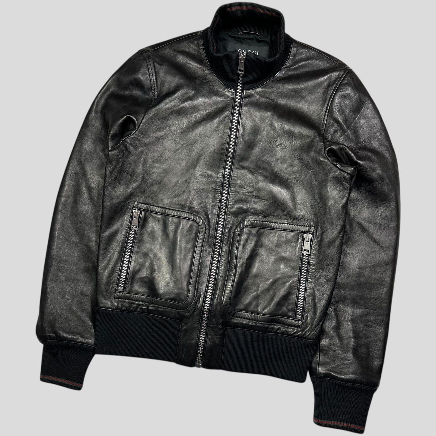 Gucci Nappa Leather Logo Web Bomber Jacket - IT46 (S)