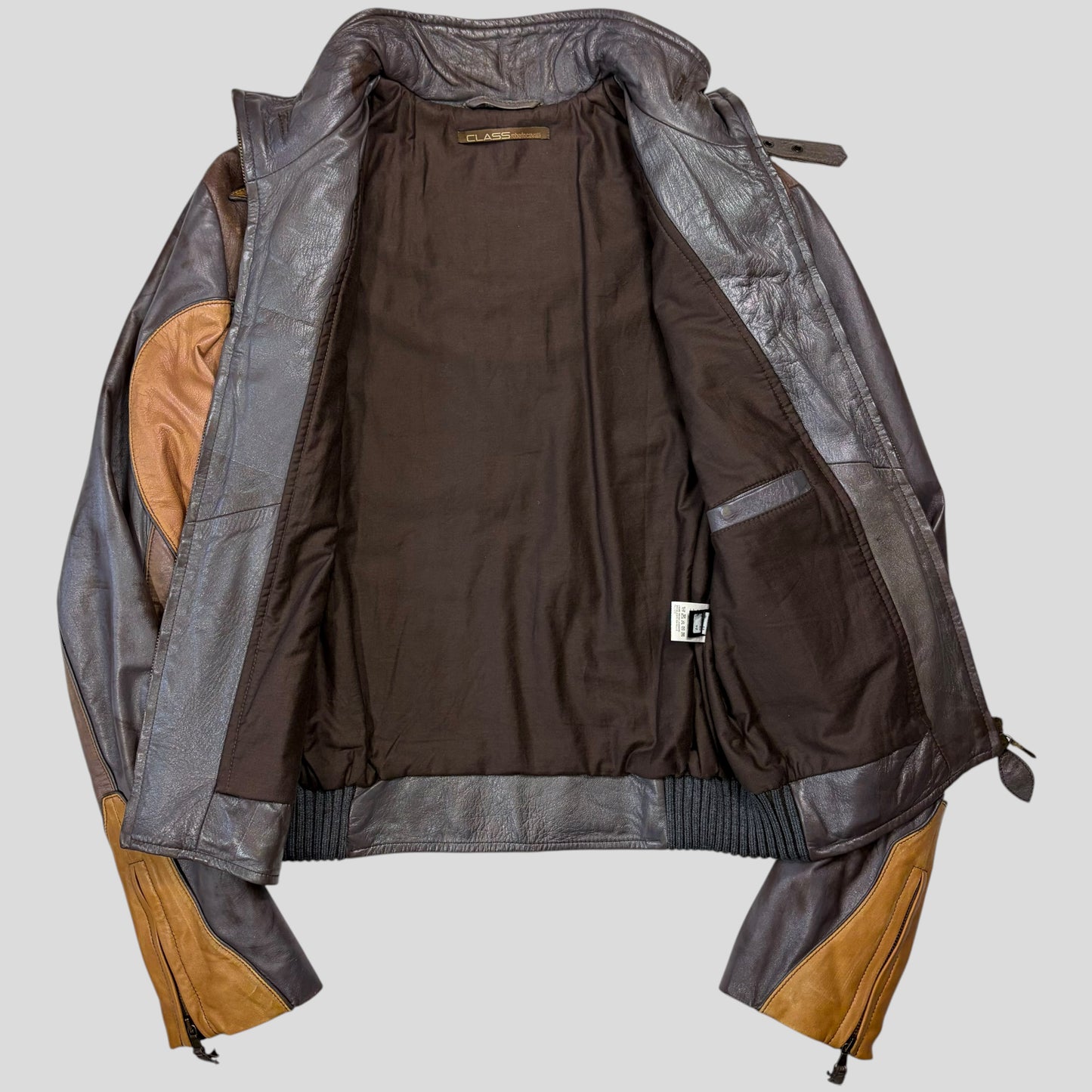 Roberto Cavalli Class 00’s Parrot Patchwork Leather Biker Jacket - M/L