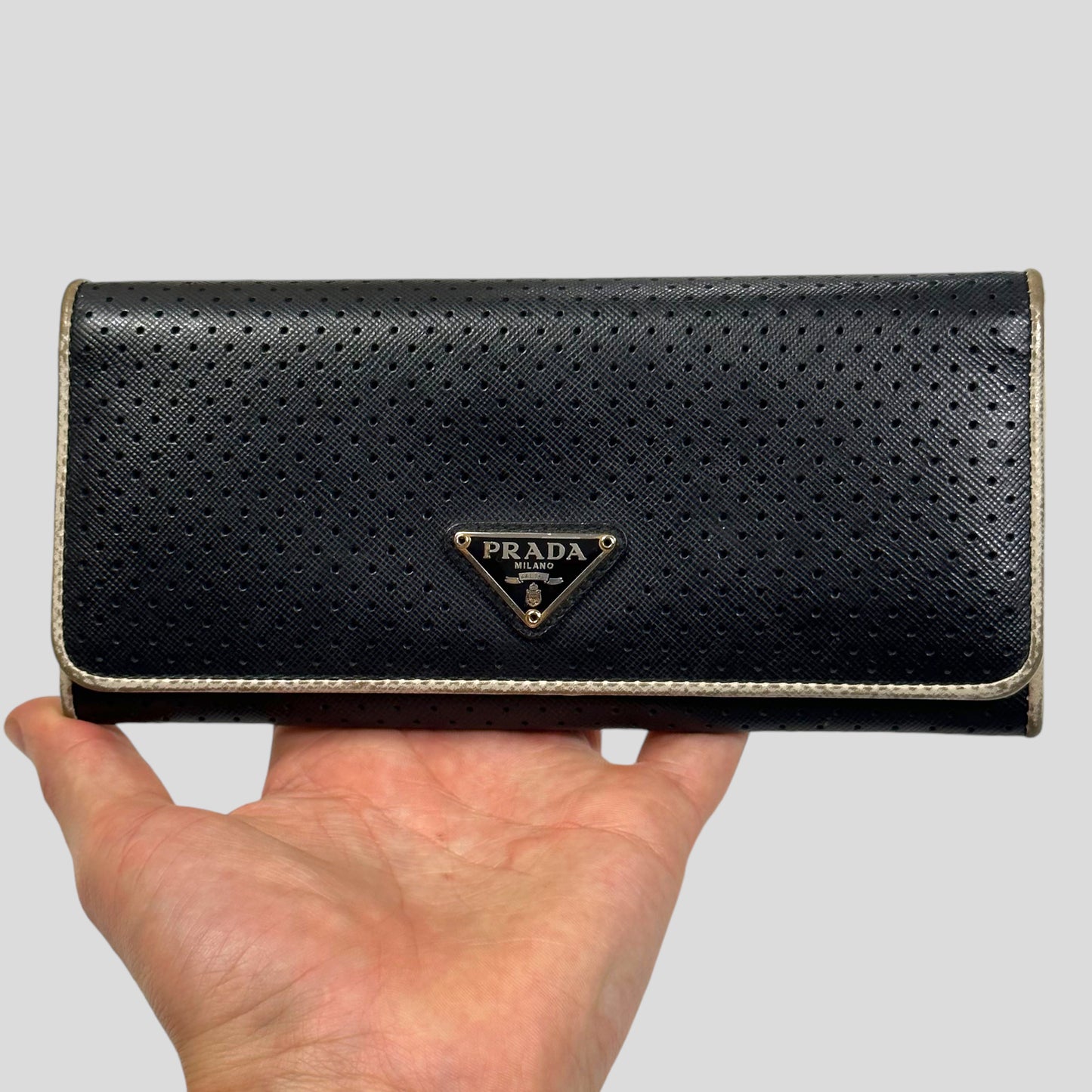 Prada Milano 00’s Perforated Saffiano Leather Flap Continental Wallet