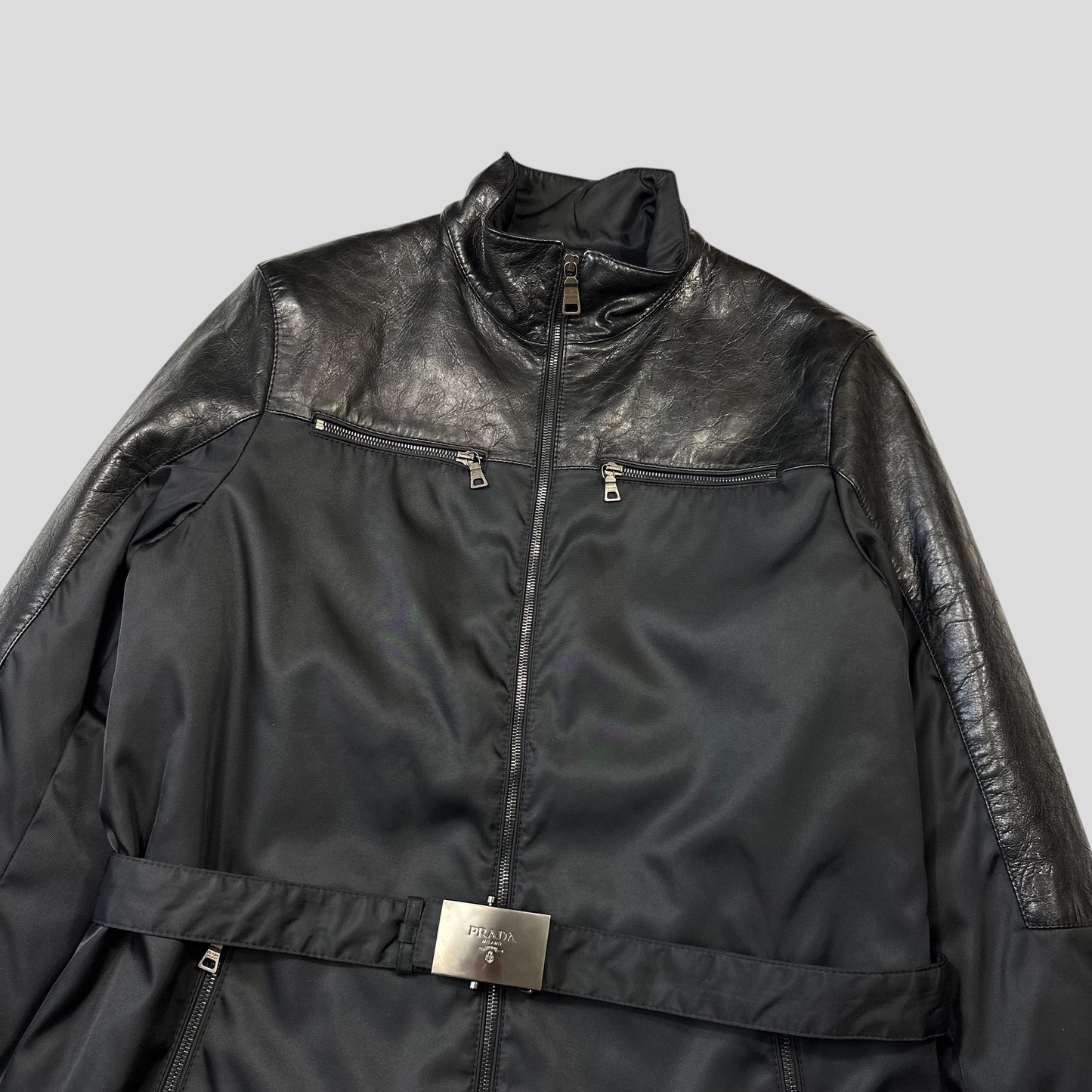 Prada Milano 2011 Gabardine Nylon Leather Jacket + Belt - M