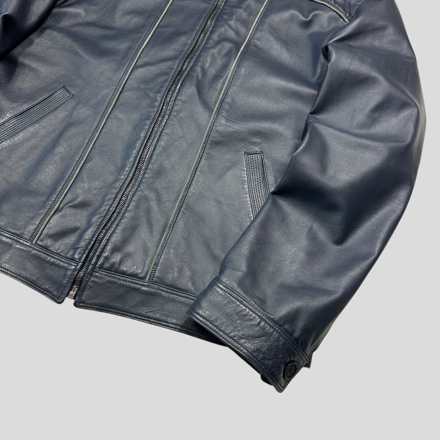 Versace 90’s Classic Premium Blue Leather Piped Moto Jacket - M