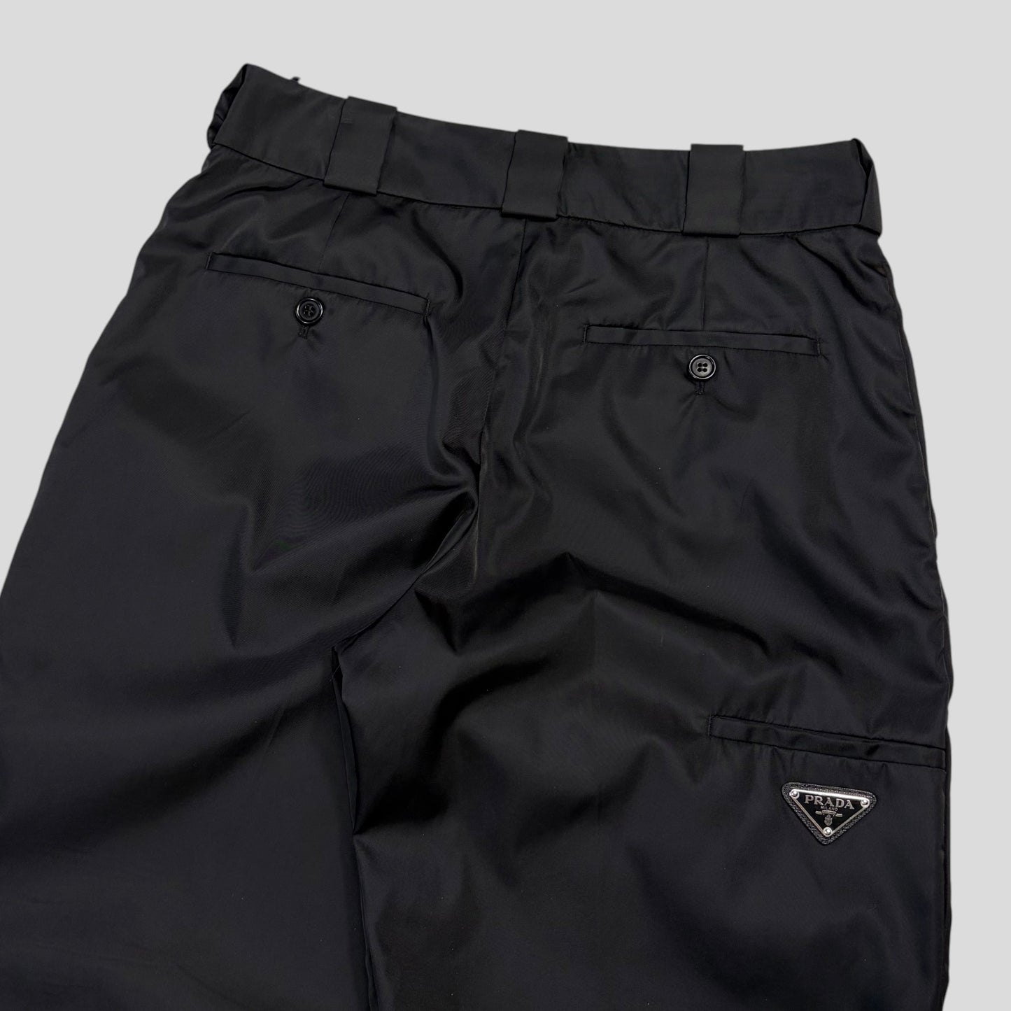 Prada Milano 2018 Black Nylon Gabardine Triangle Logo Trousers - IT40