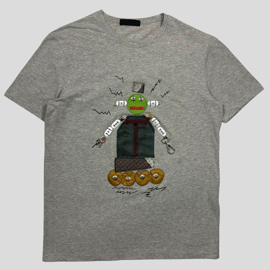 Prada FW04 Robot Logo Leather and Carabiner Appliqué T-shirt - S