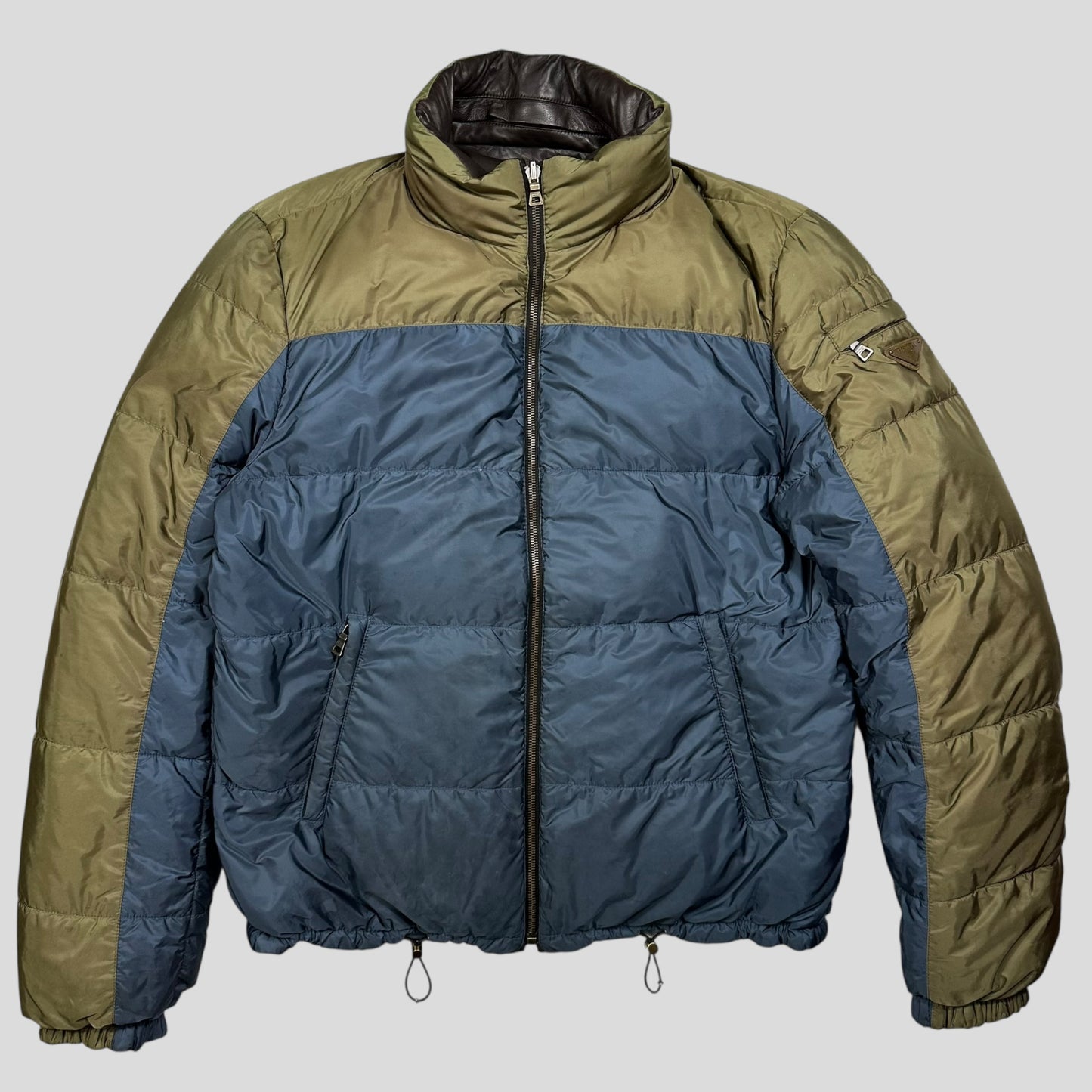 Prada Milano 2012 Leather Reversible Triangle Logo Nylon Puffer Jacket - L