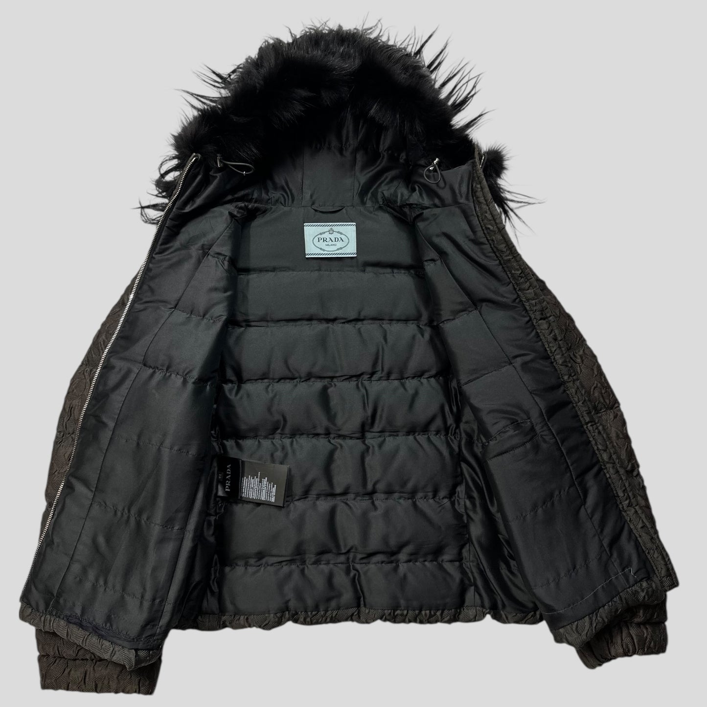 Prada 2014 Extreme Fur Hooded Silk & Wool Textured Puffer Jacket - IT44 (S)