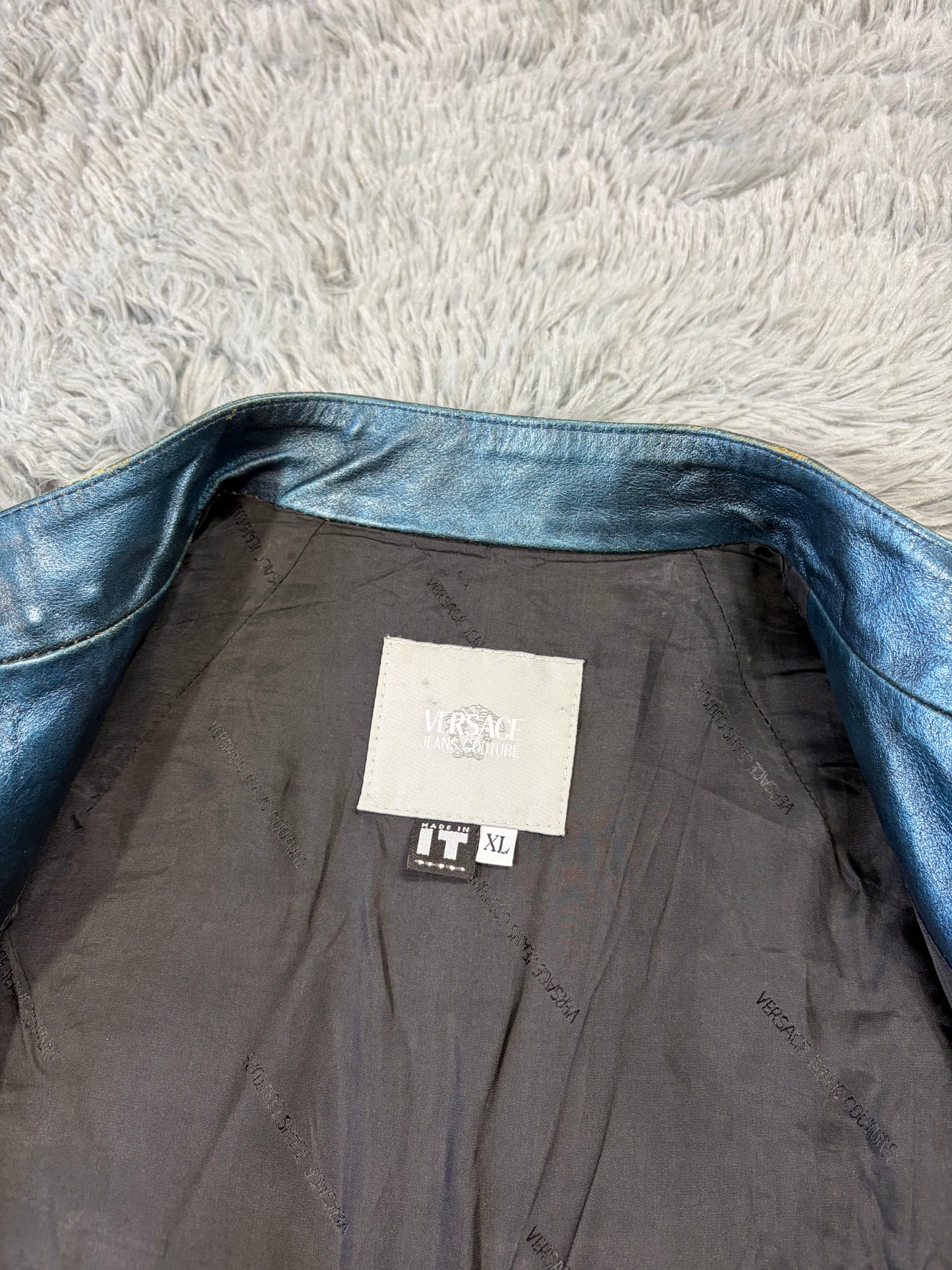 Versace VJC 00’s Blue Leather Metallic Rockstar Jacket - L
