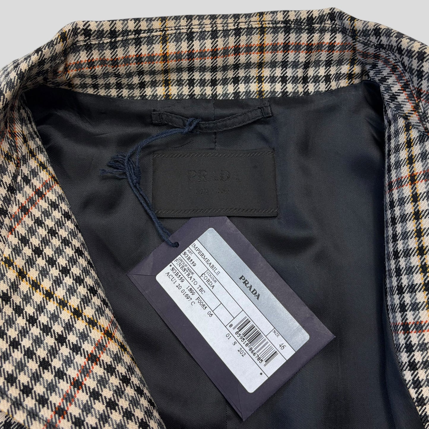 Prada 2020 Plaid Houndstooth Impermeable Virgin Wool Car Coat  - M