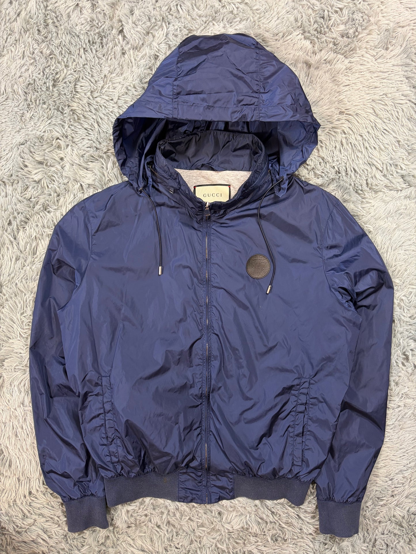 Gucci 2017 Metallic Blue Leather Crest Logo Nylon Jacket - M
