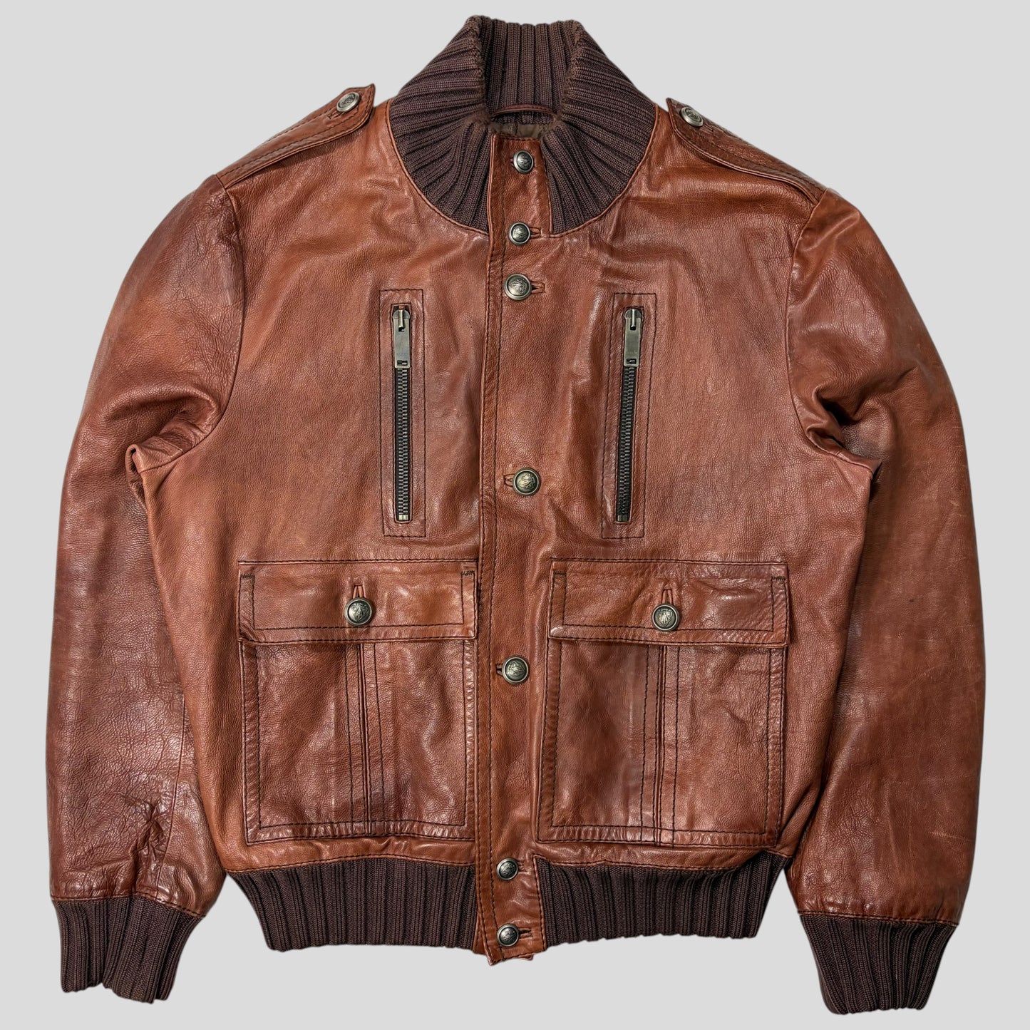 Gucci 2006 Madonna Cognac Leather Crest Button Bomber Jacket - L