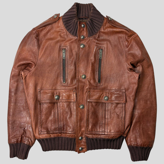 Gucci 2006 Madonna Cognac Leather Crest Button Bomber Jacket - L