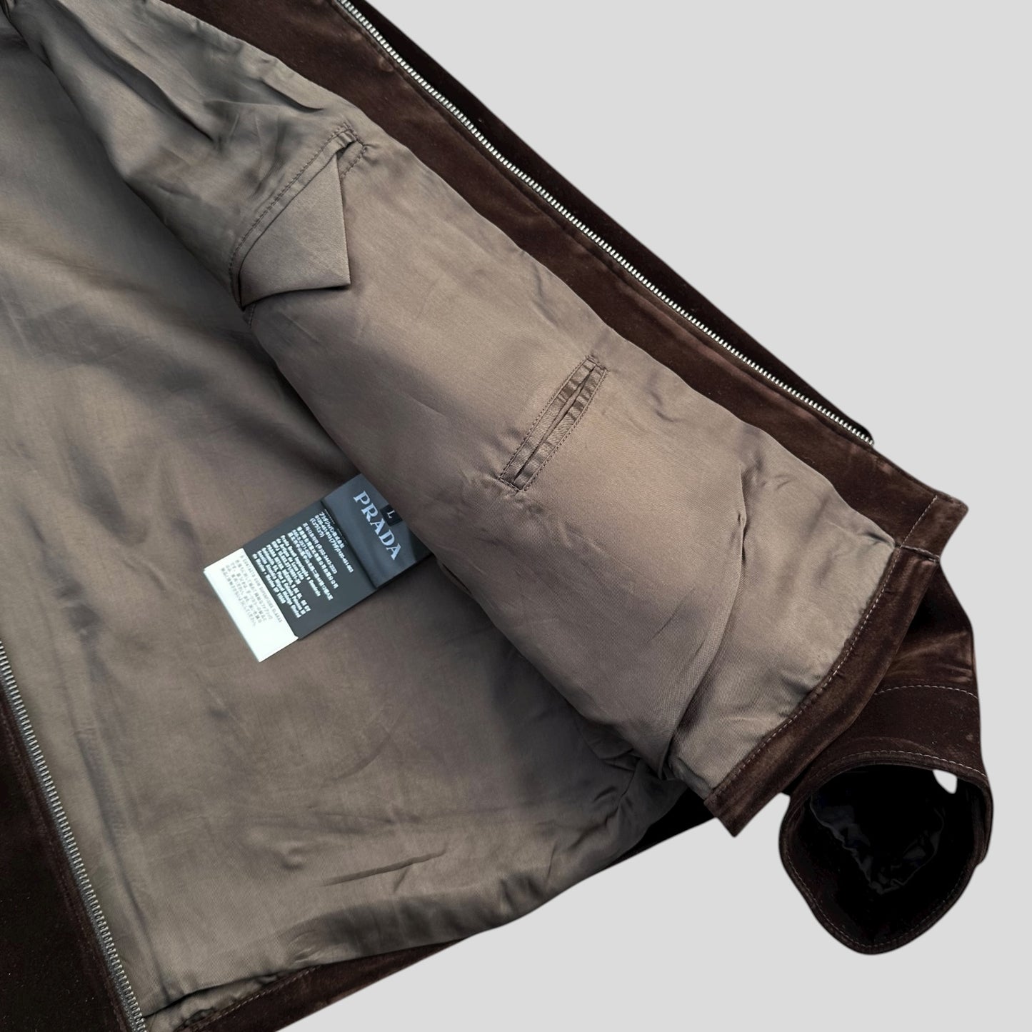 Prada 2024 Brown Velvet Velour Plaque Logo Boxy Jacket - M/L