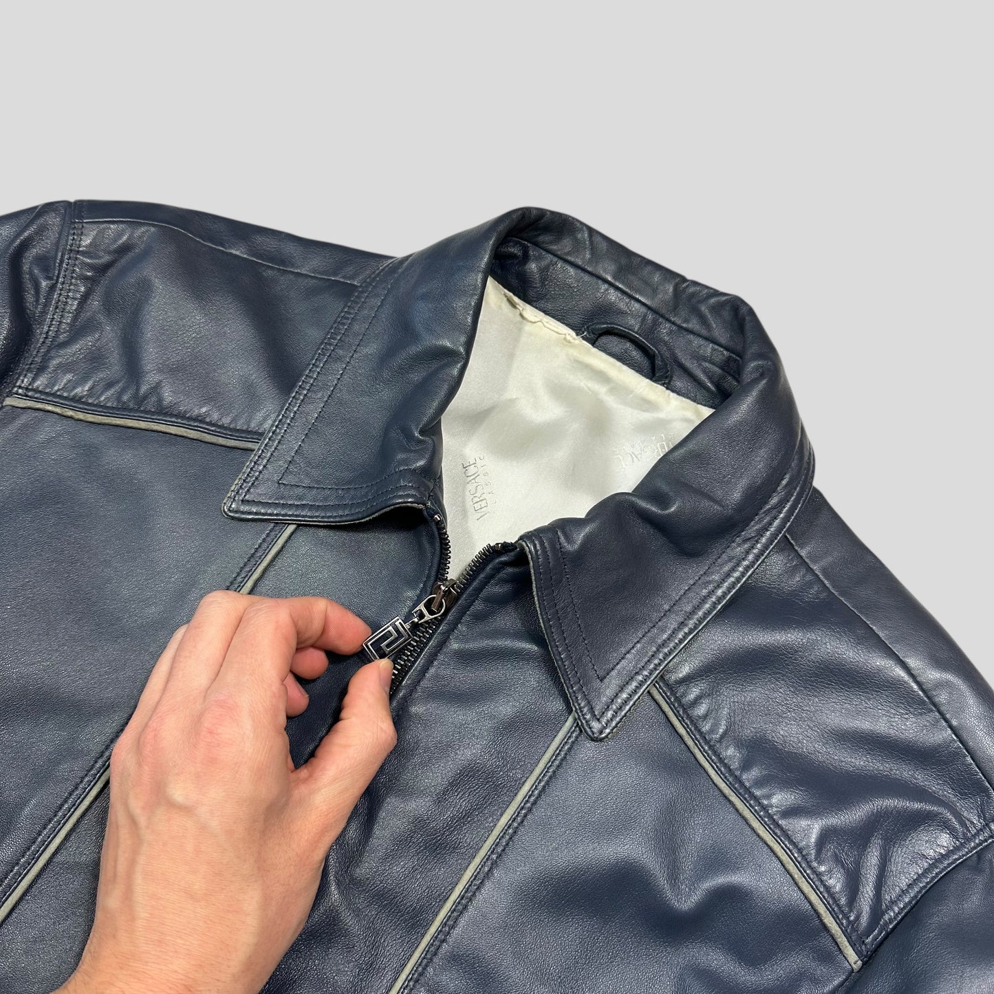 Versace 90’s Classic Premium Blue Leather Piped Moto Jacket - M