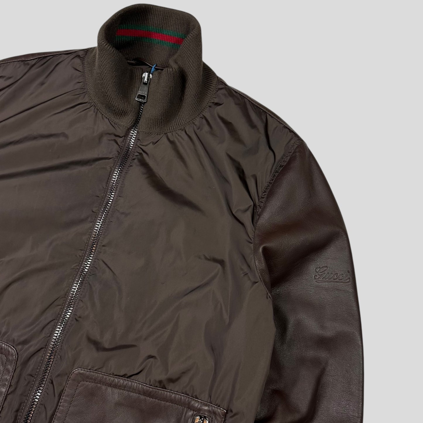 Gucci Brown Nappa Leather Hybrid Logo Bomber Jacket - IT46 (S)