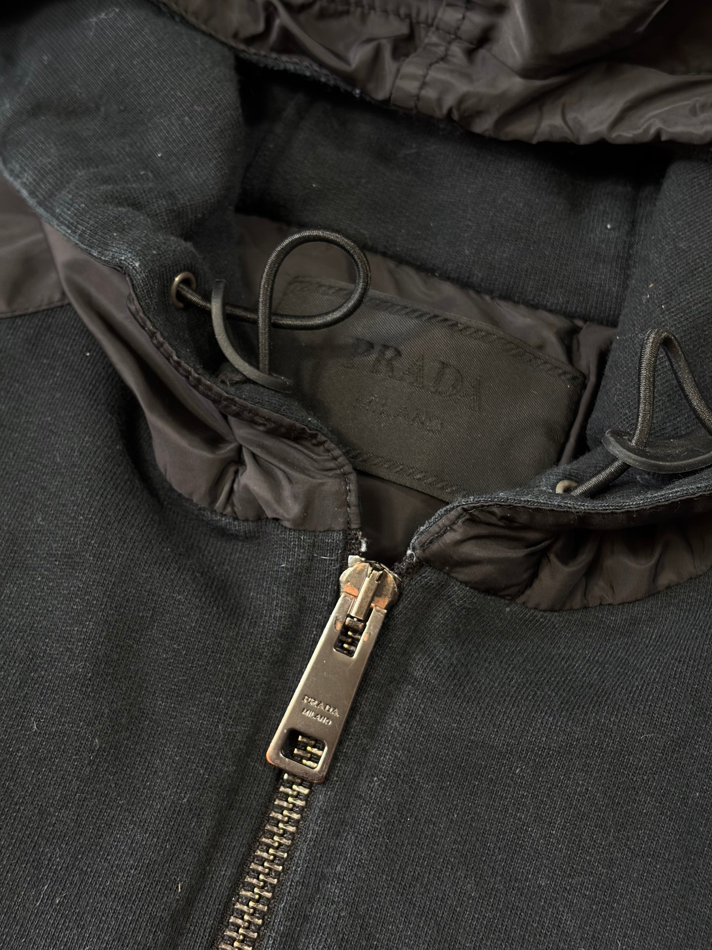 Prada 2022 Triangle Graphic Logo Nylon Panelled Hoodie Jacket - M