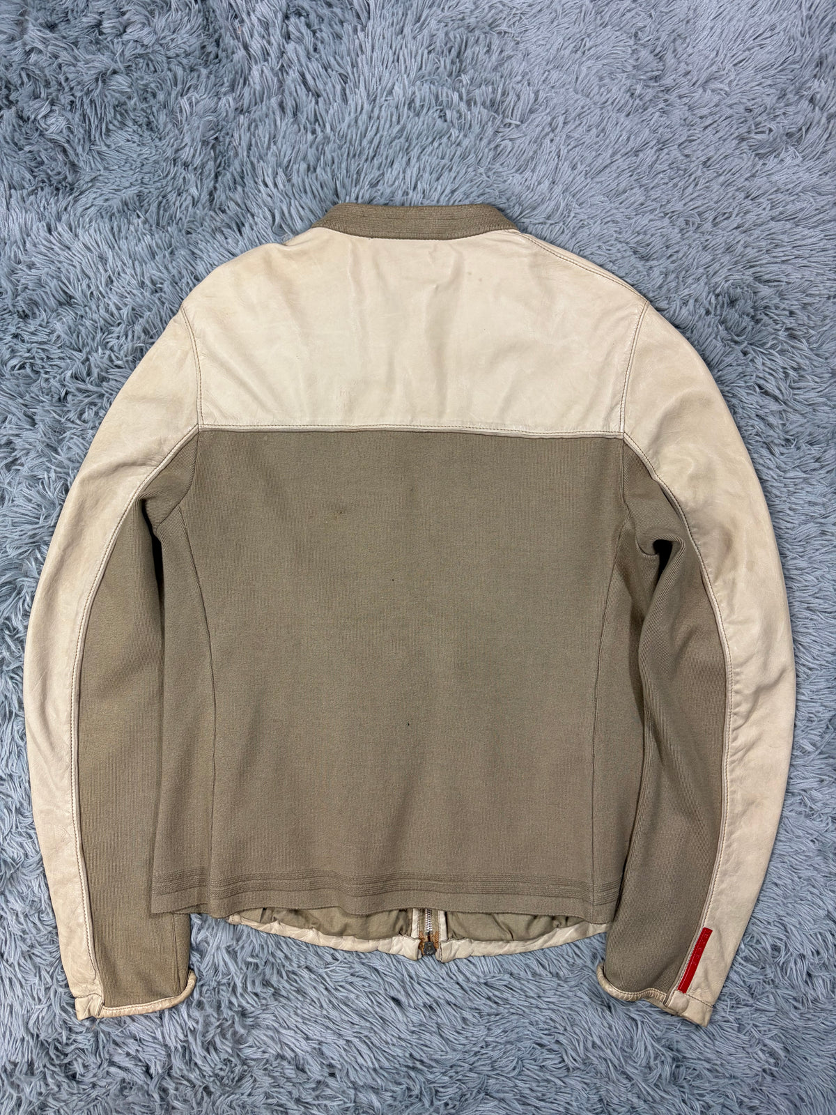 Prada Sport 2004 Cream Leather + Cotton Panelled Biker Jacket - M