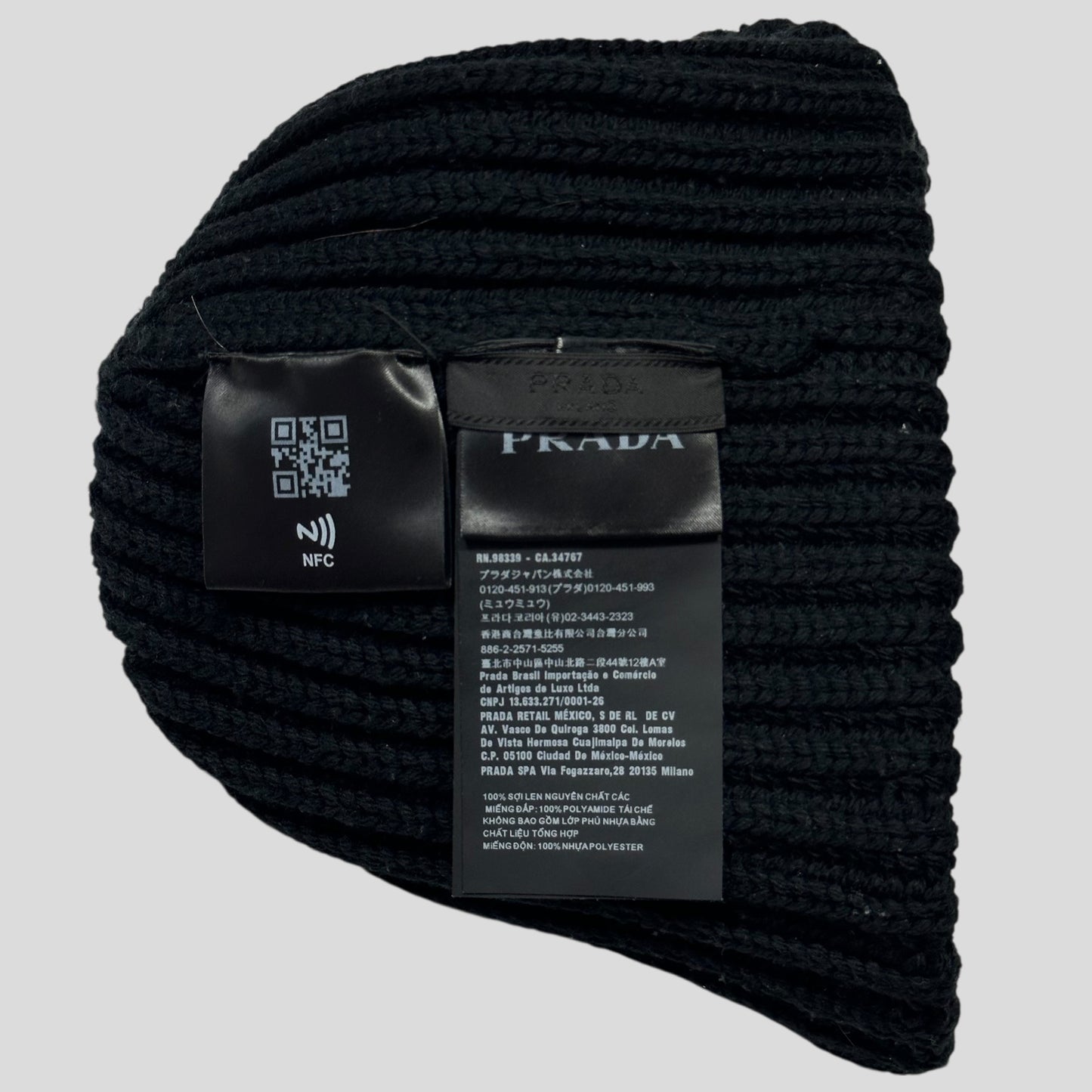 Prada 2020 Braided Virgin Wool + Re-nylon Plaque Logo Beanie - M