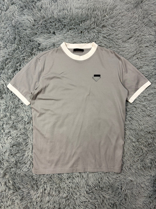 Prada 2017 Double Logo Grey Bi-colour Pique Cotton T-Shirt - M