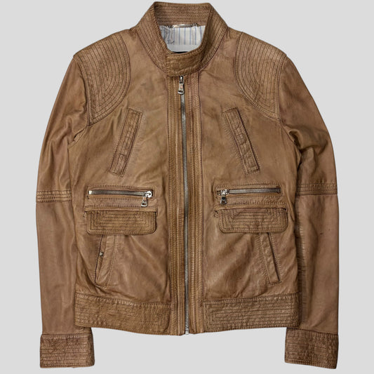 Dolce & Gabanna 2011 Antique Effect Leather Cargo Biker Jacket - M