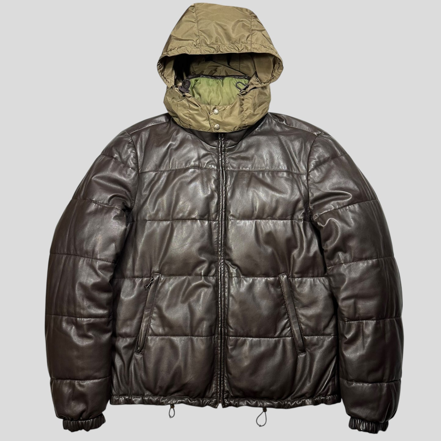 Prada Milano 2012 Leather Reversible Triangle Logo Nylon Puffer Jacket - L