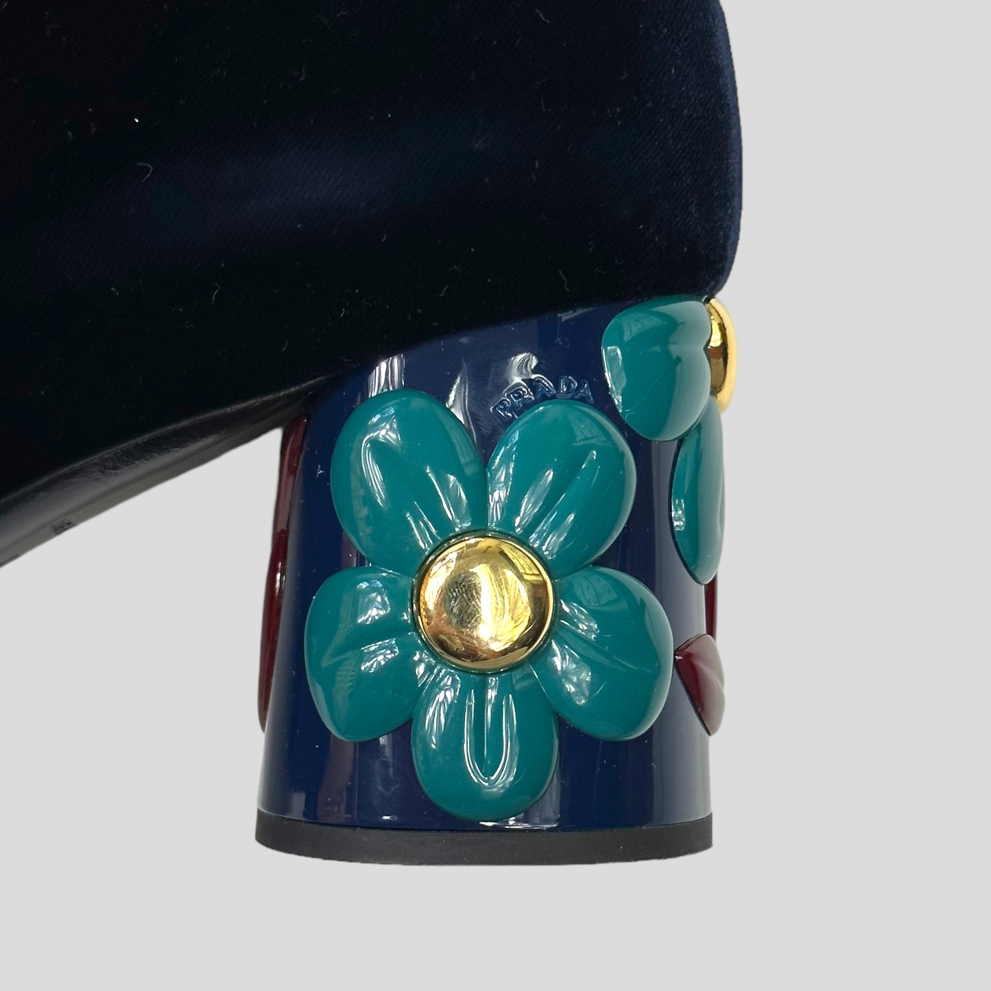 Prada Milano Floral Heel Blue Velvet Boots - UK7