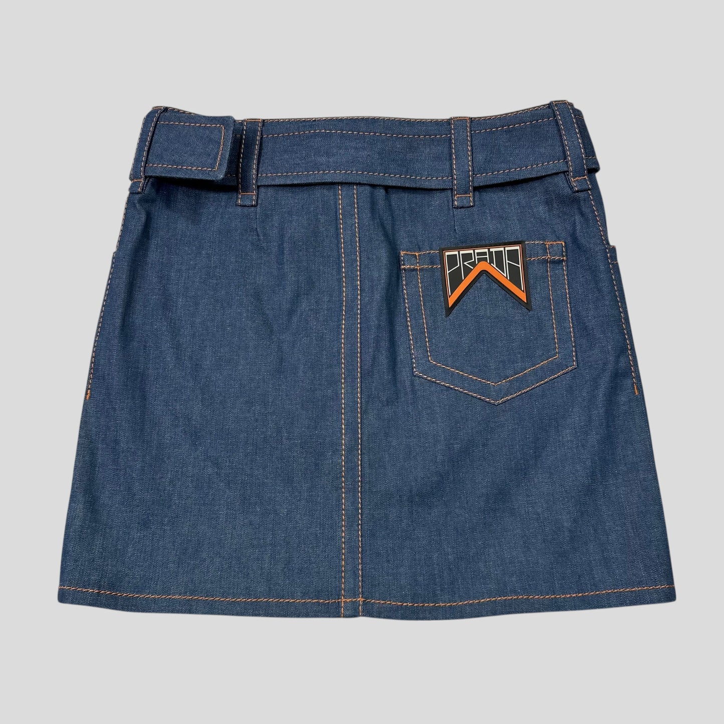 Prada 2018 Rubber Race Logo Denim Belted Mini Skirt - IT36