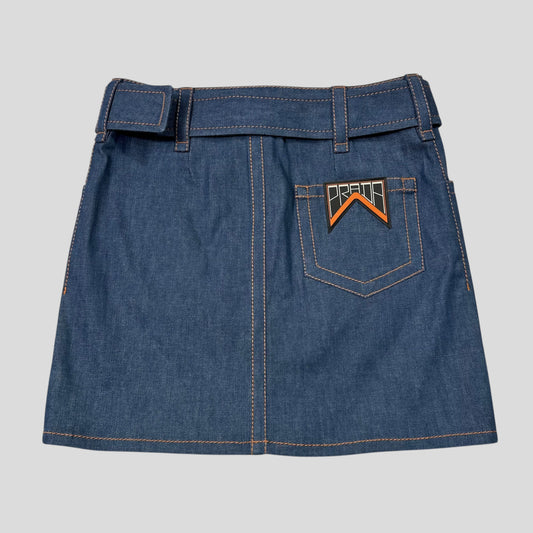 Prada 2018 Rubber Race Logo Denim Belted Mini Skirt - IT36