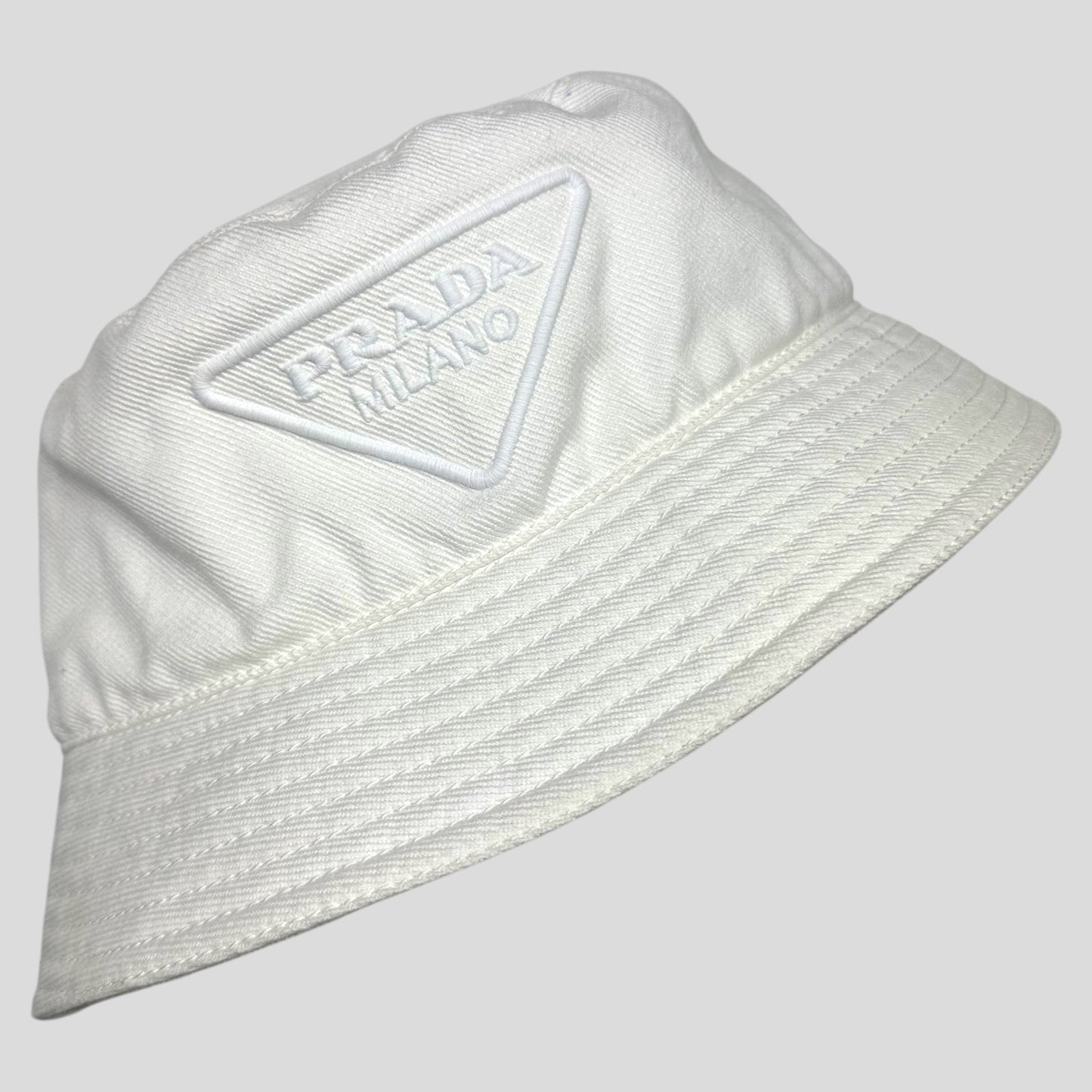 Prada 2022 Embroidered Cotton Triangle Logo Bucket Hat - L