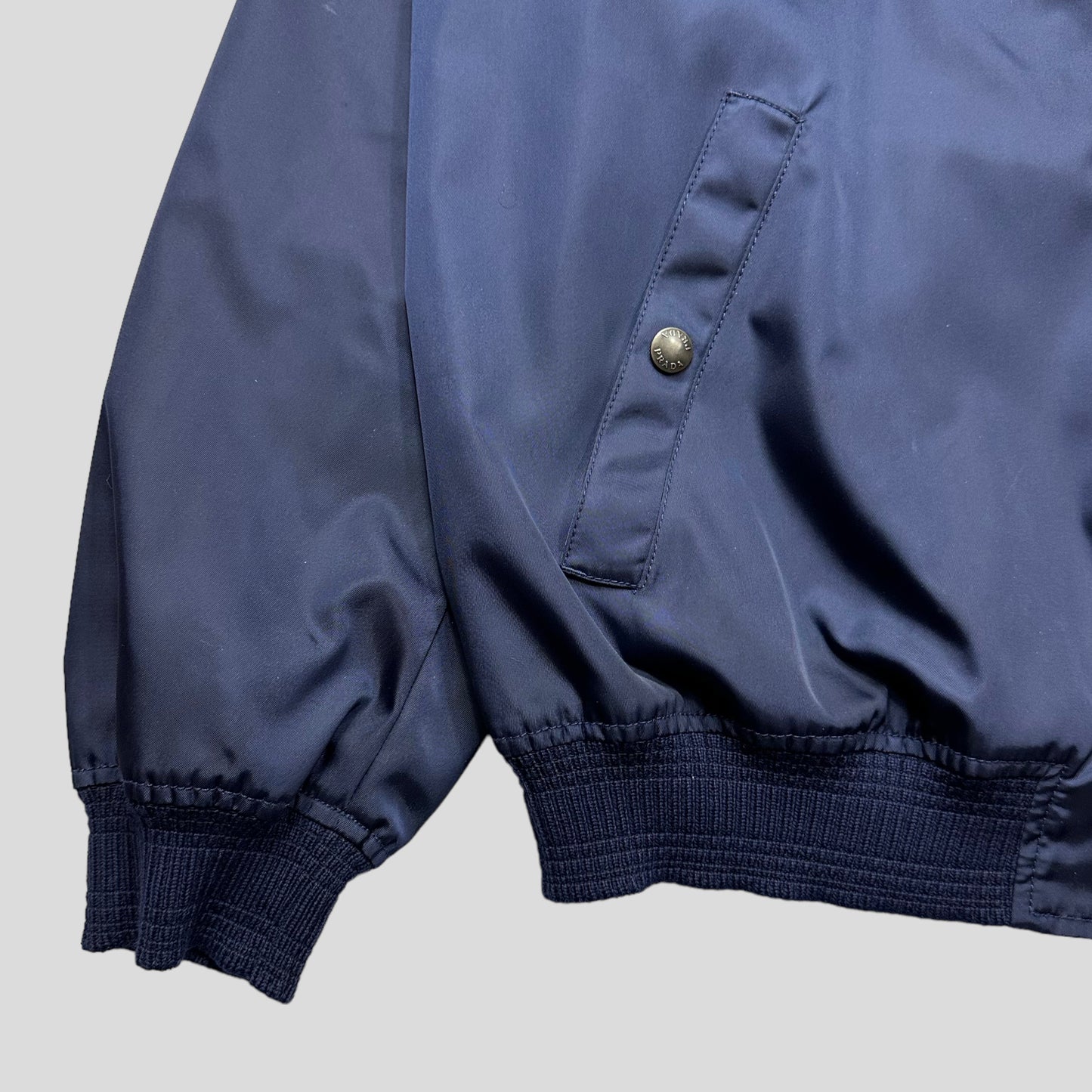 Prada Milano 2015 Metallic Blue Nylon Bomber Jacket - IT54