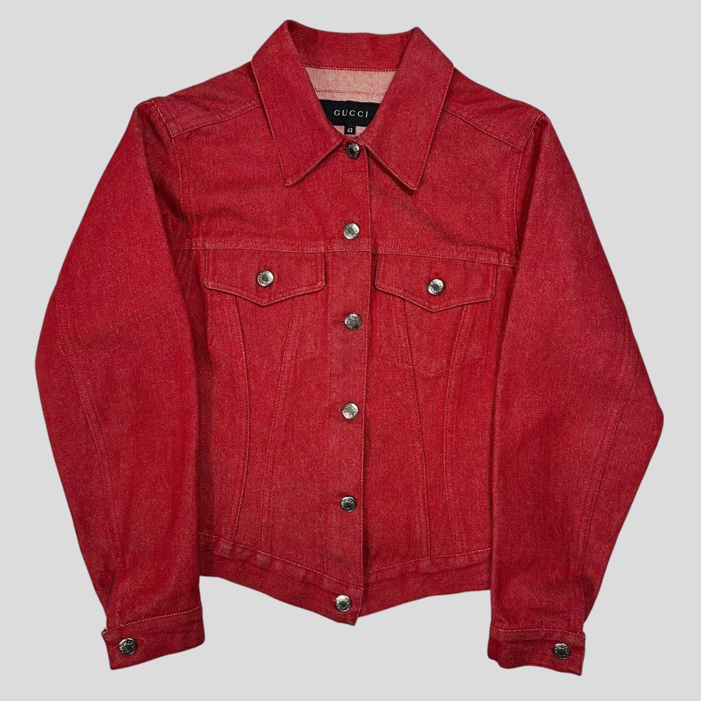 Gucci by Tom Ford 1999 Red Denim Cropped Front Drop Jacket - IT42