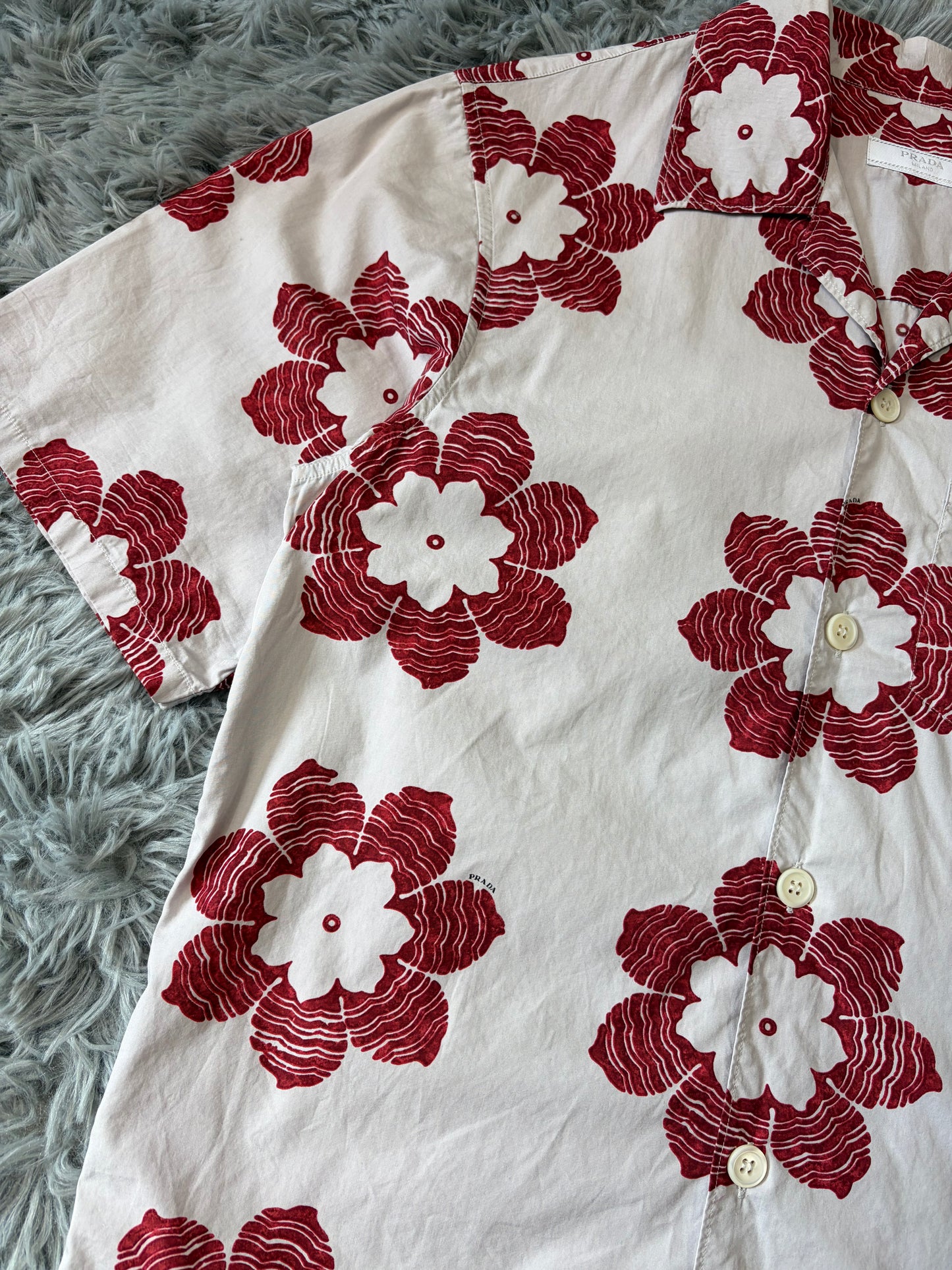 Prada 2016 Floral Logo Print Camp Collar Boxy Shirt - S/M