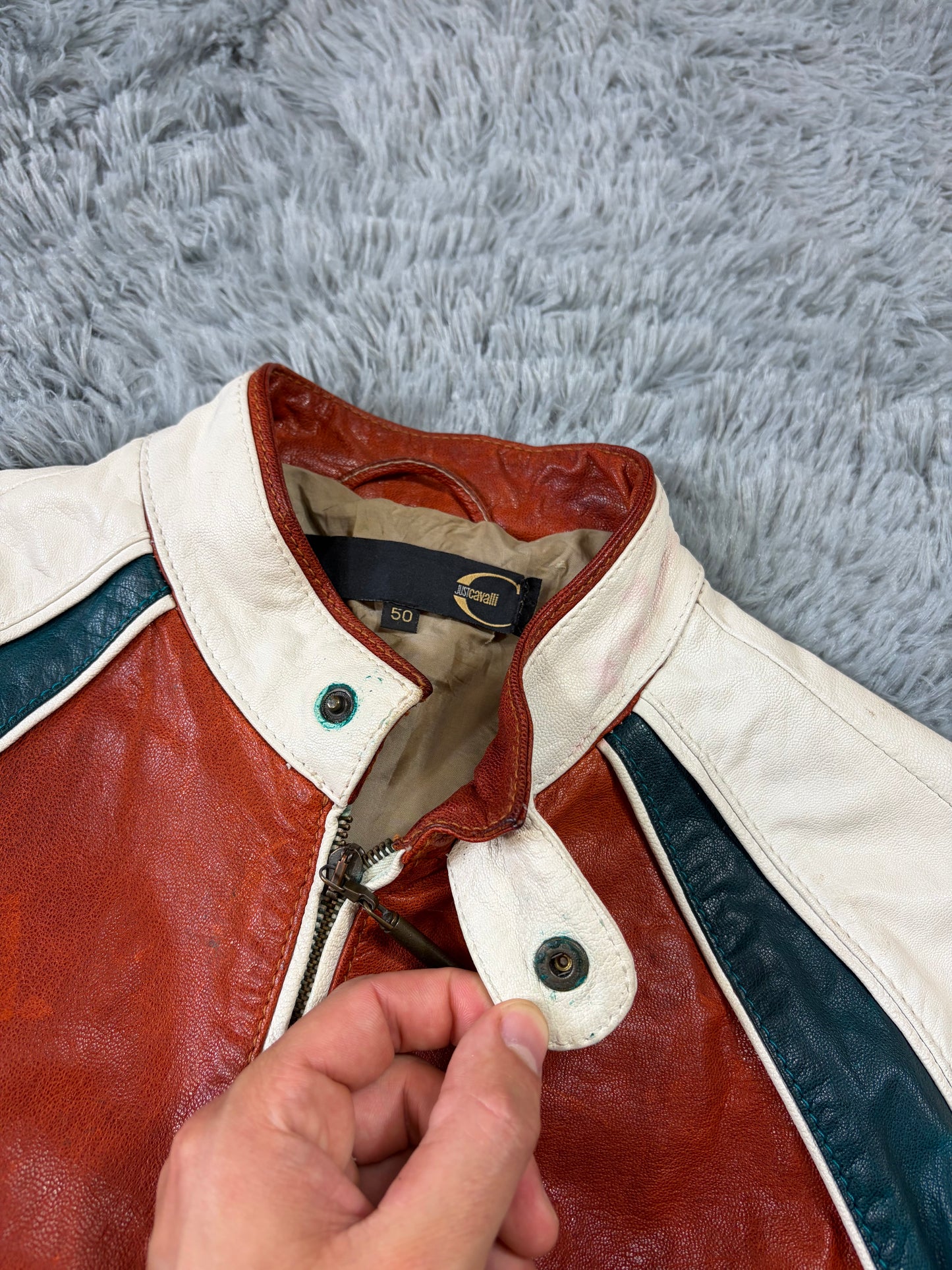 Just Cavalli 2005 Leather Panelled Moto Racer Jacket - M