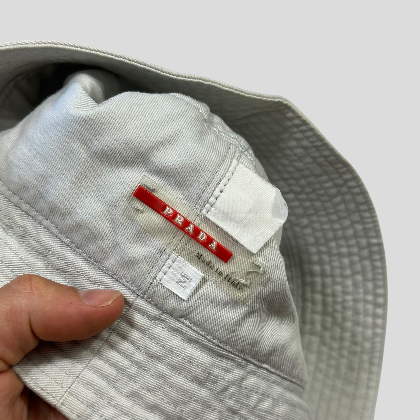 Prada Sport 1999 White Cotton Red Rubber Tab Bucket Hat - M