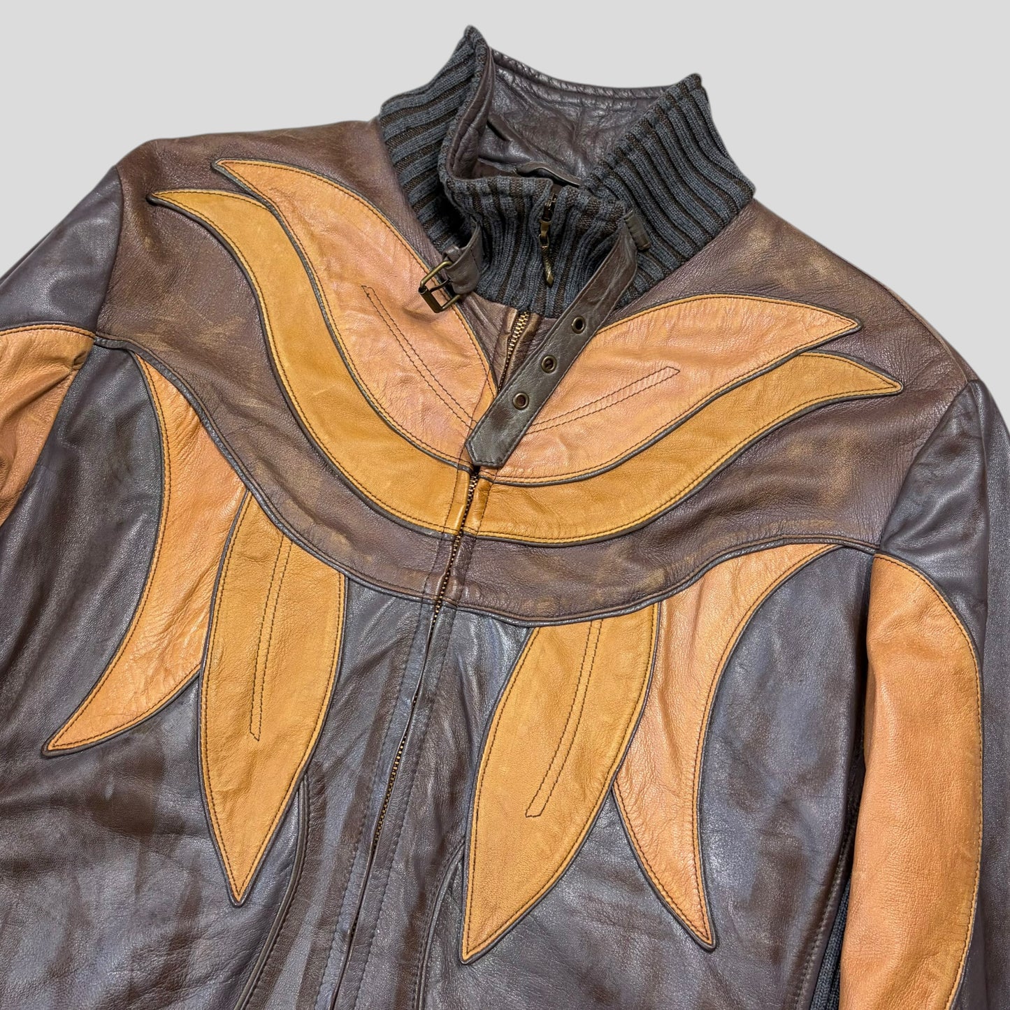 Roberto Cavalli Class 00’s Parrot Patchwork Leather Biker Jacket - M/L