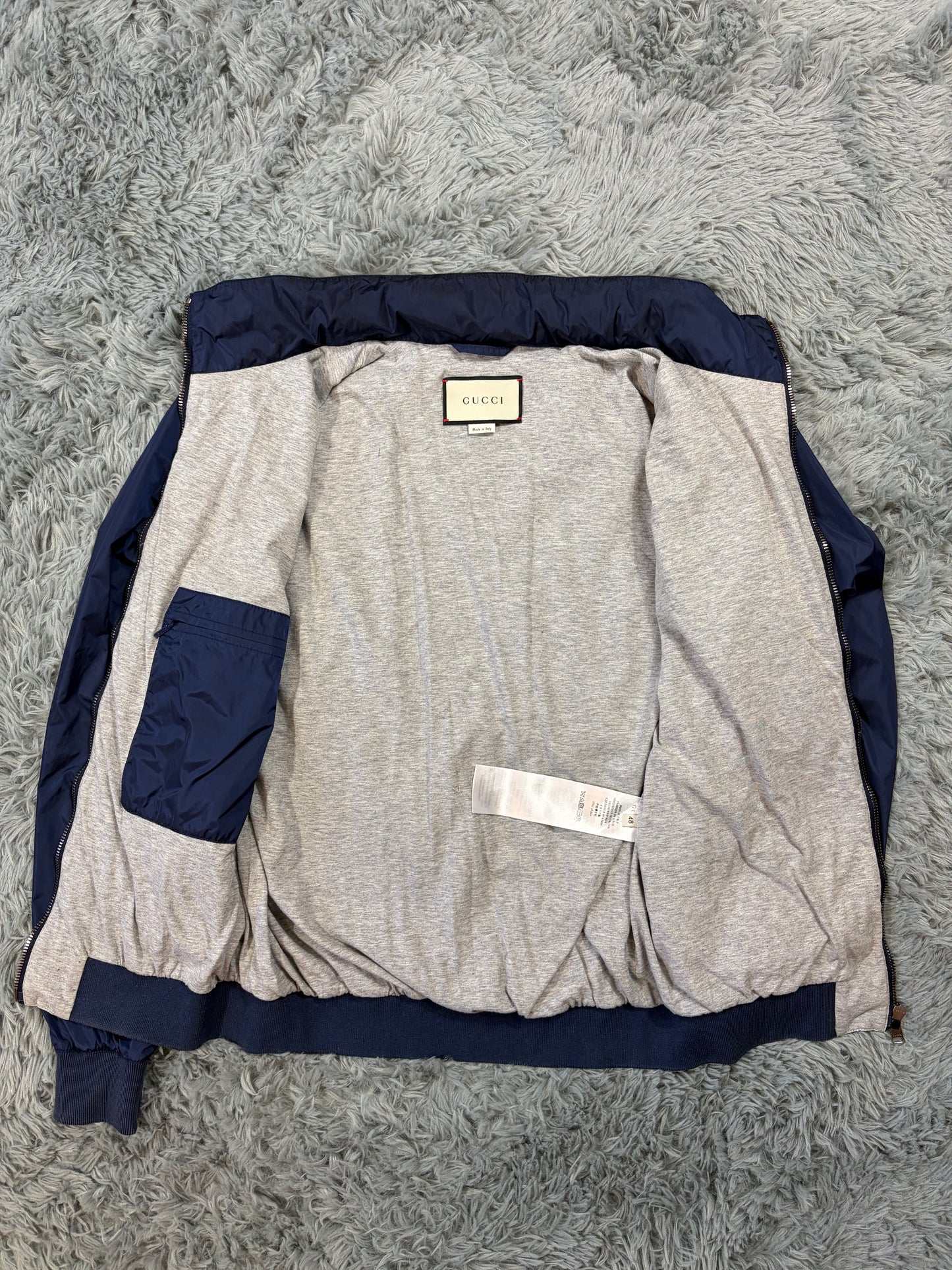 Gucci 2017 Metallic Blue Leather Crest Logo Nylon Jacket - M