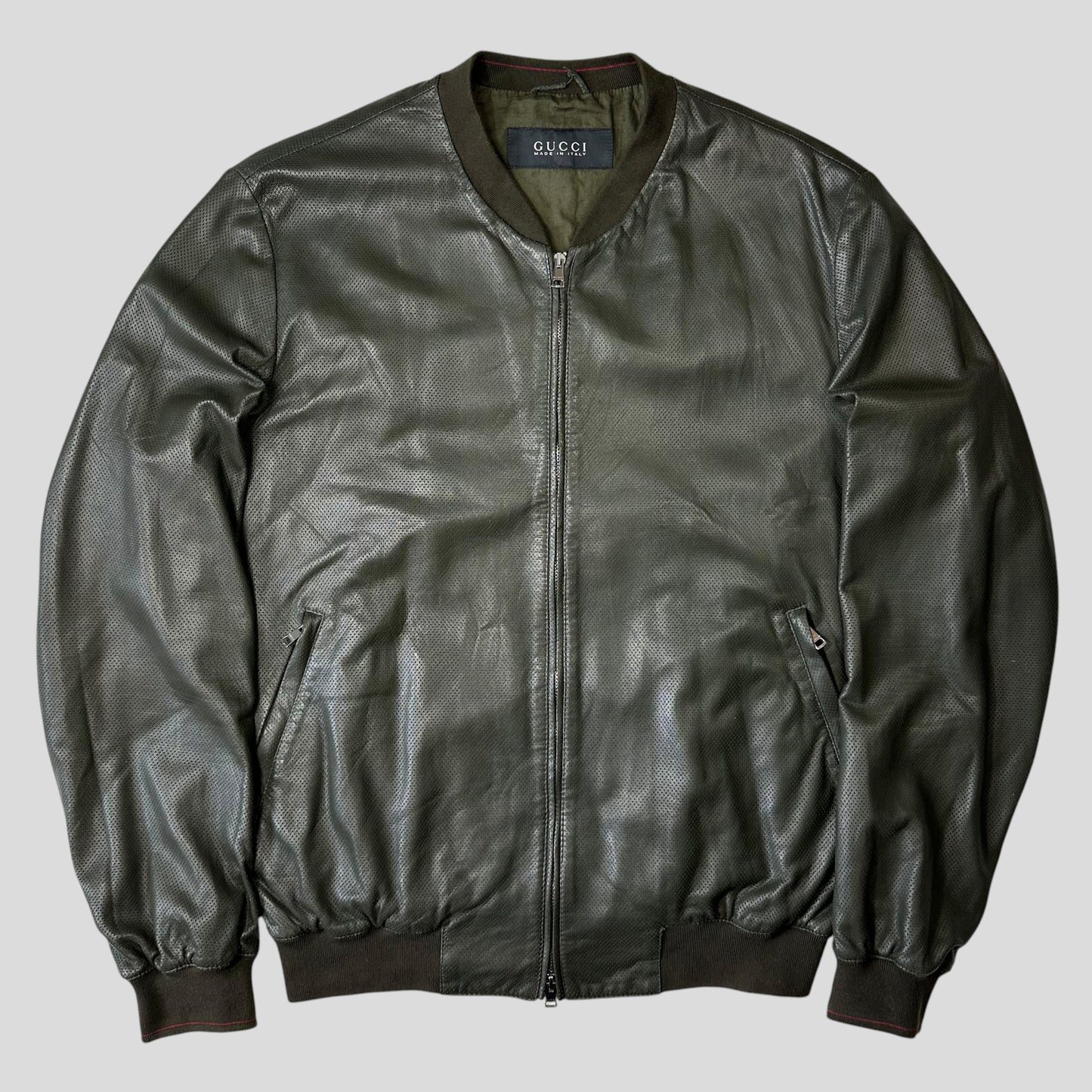 Gucci by Tom Ford 00’s Perforated Nappa Leather Green Bomber Jacket - IT52