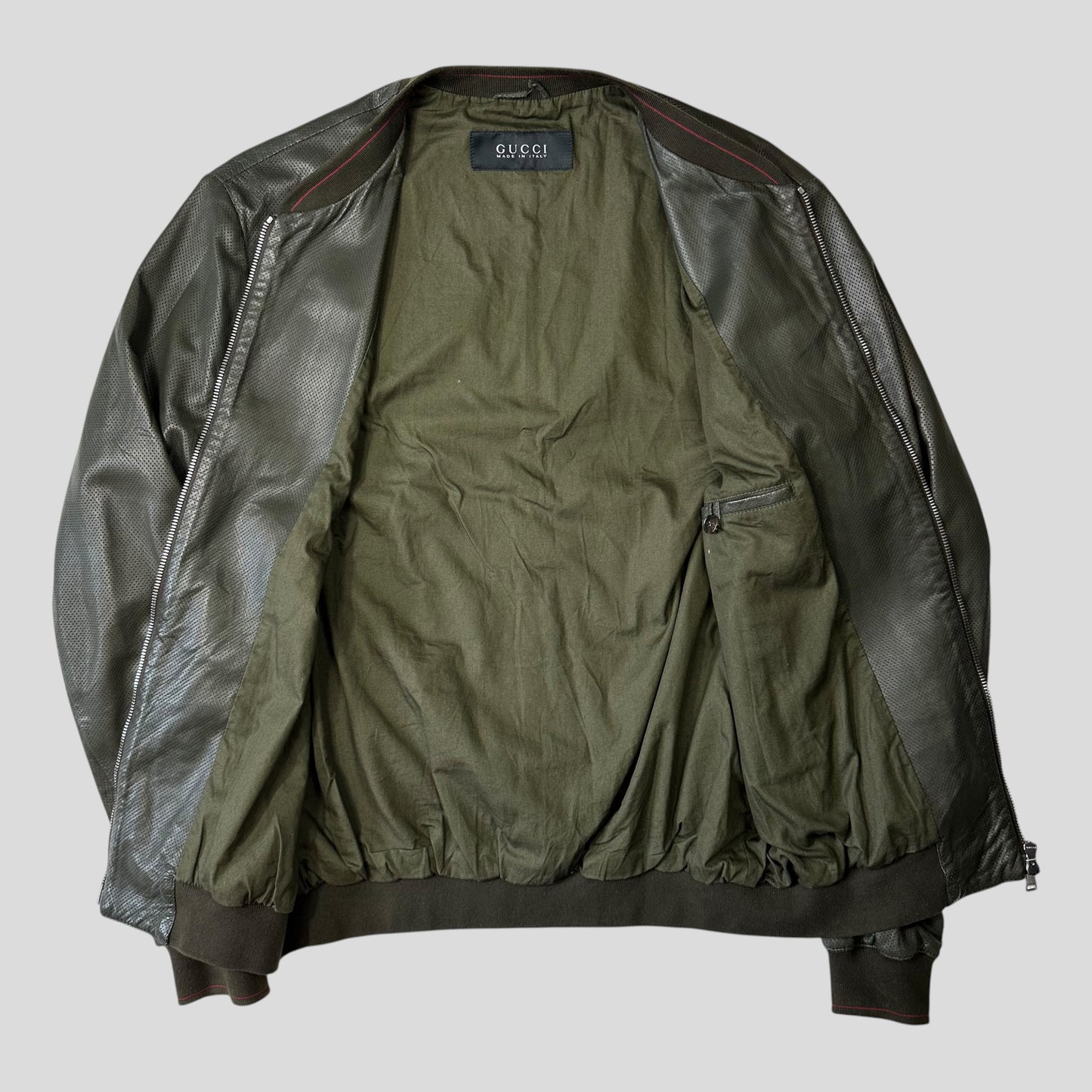 Gucci by Tom Ford 00’s Perforated Nappa Leather Green Bomber Jacket - IT52