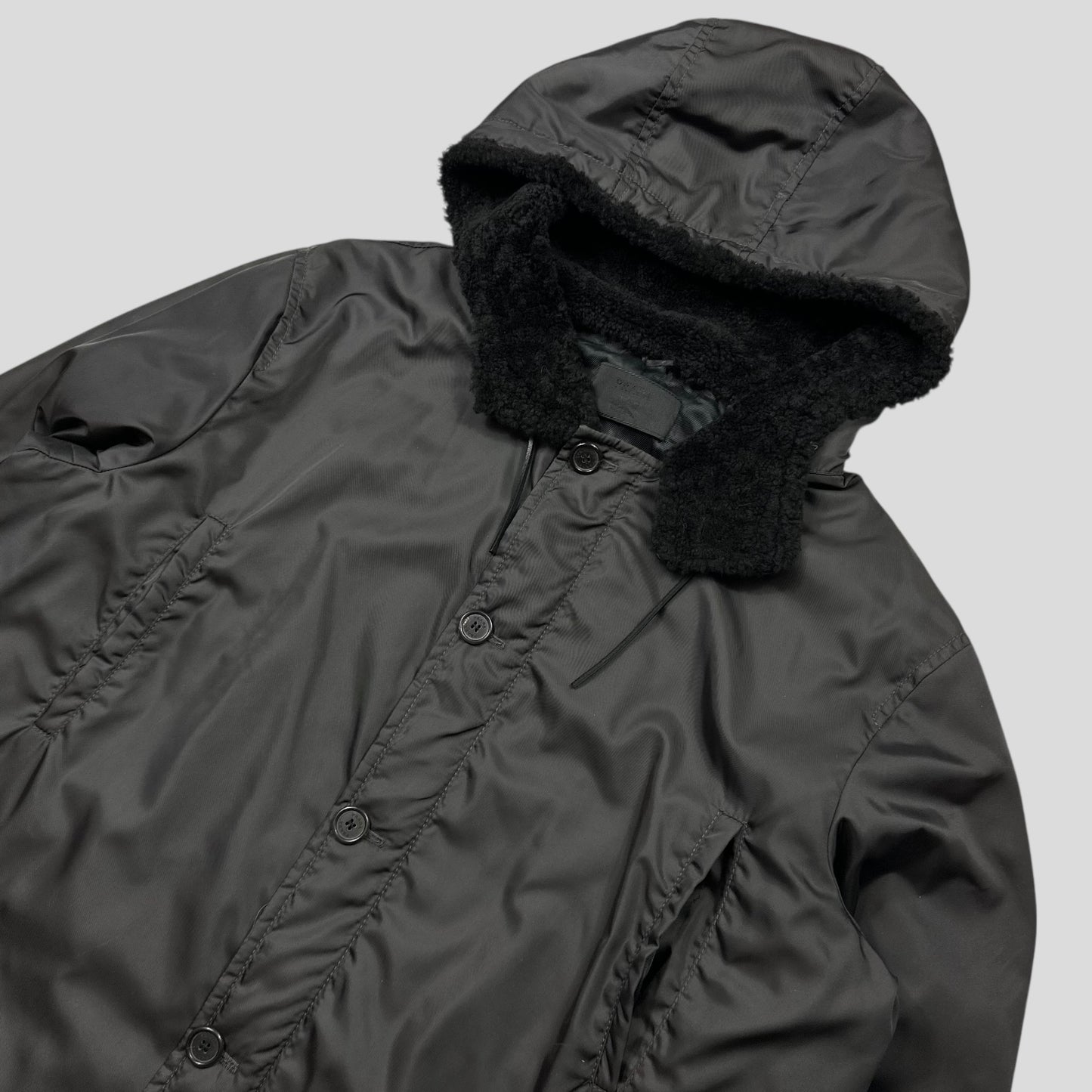 Prada Milano 00’s Sherpa Hood Padded Nylon Canvas Multipocket Coat - XXL