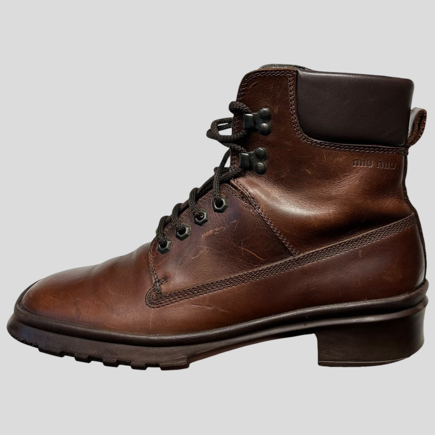 Miu Miu 00’s Padded Leather Embossed Logo Combat Boots - UK8
