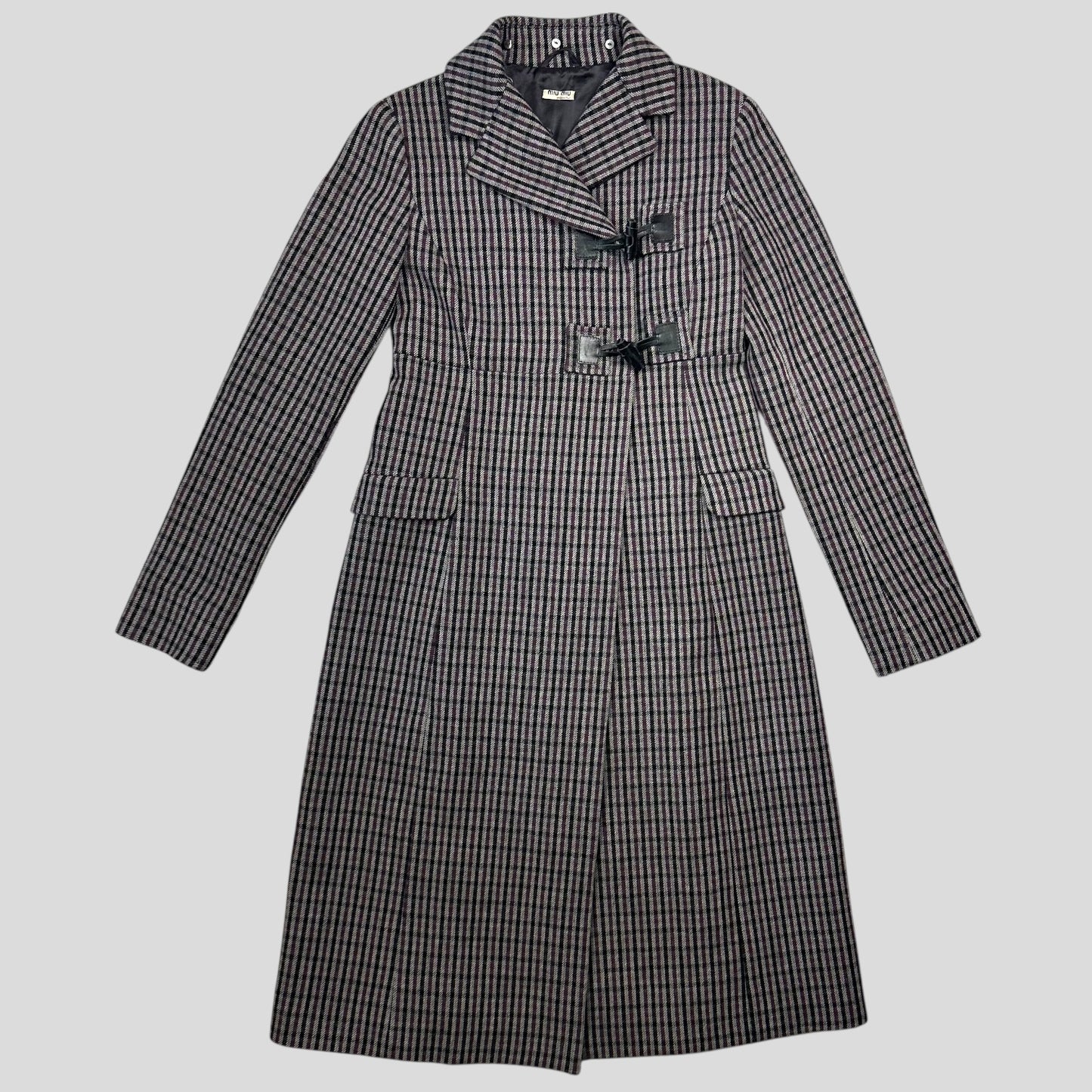 Miu Miu 00’s Virgin Wool + Removable Sheep Fur Plaid Duffle Coat - IT42