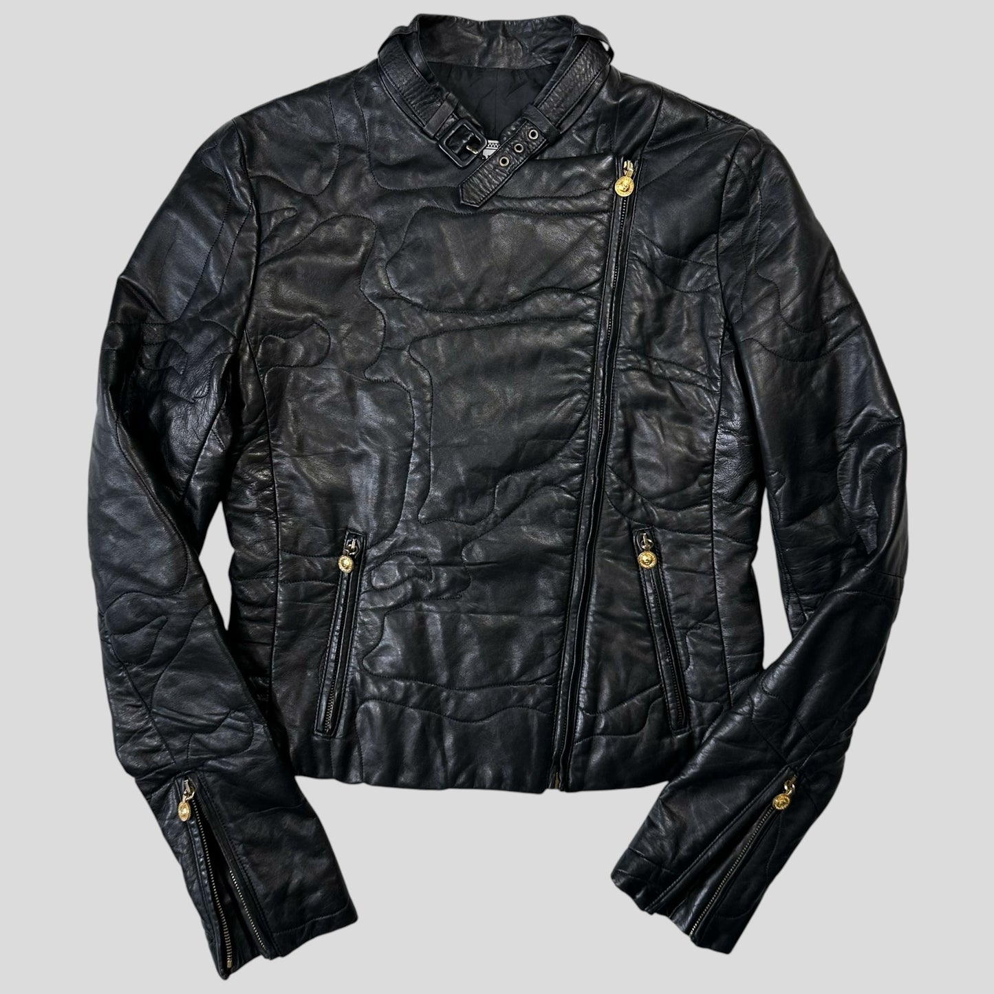 Gianni Versace 1997 Leather Puzzle Camo Biker Jacket - S