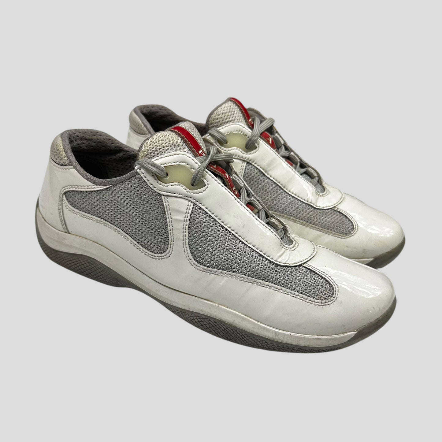 Prada Americas Cup Patent White & Grey Mesh Trainer - UK3.5