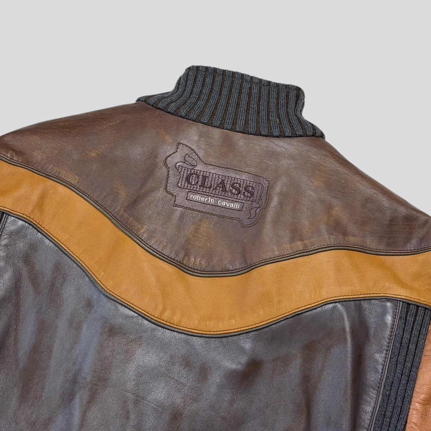 Roberto Cavalli Class 00’s Parrot Patchwork Leather Biker Jacket - M/L